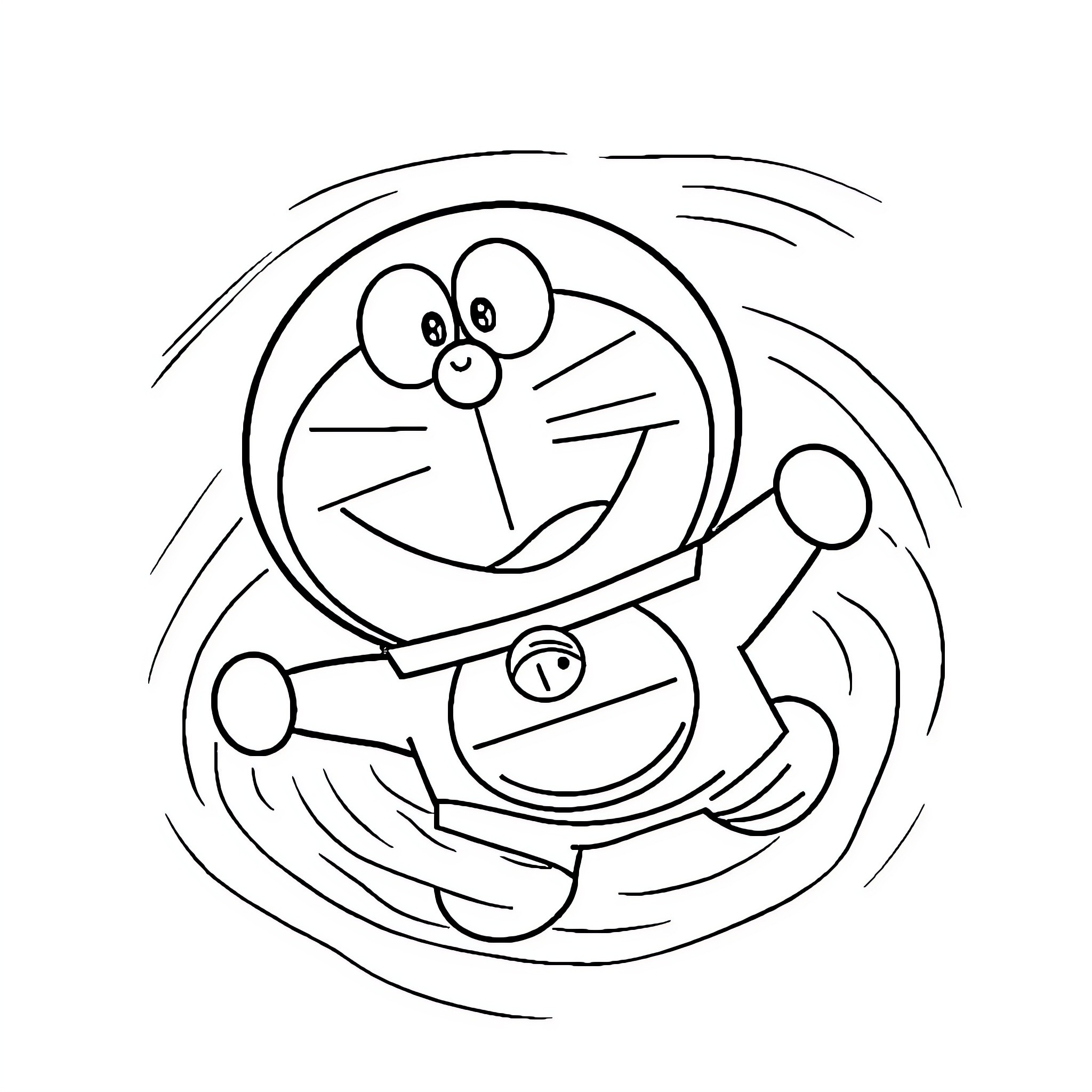 Doraemon playing with gadgets in action Coloring Page (free black-and-white line drawing printable PDF for all, from beginners to advanced learners, including children, teens, adults, and seniors)