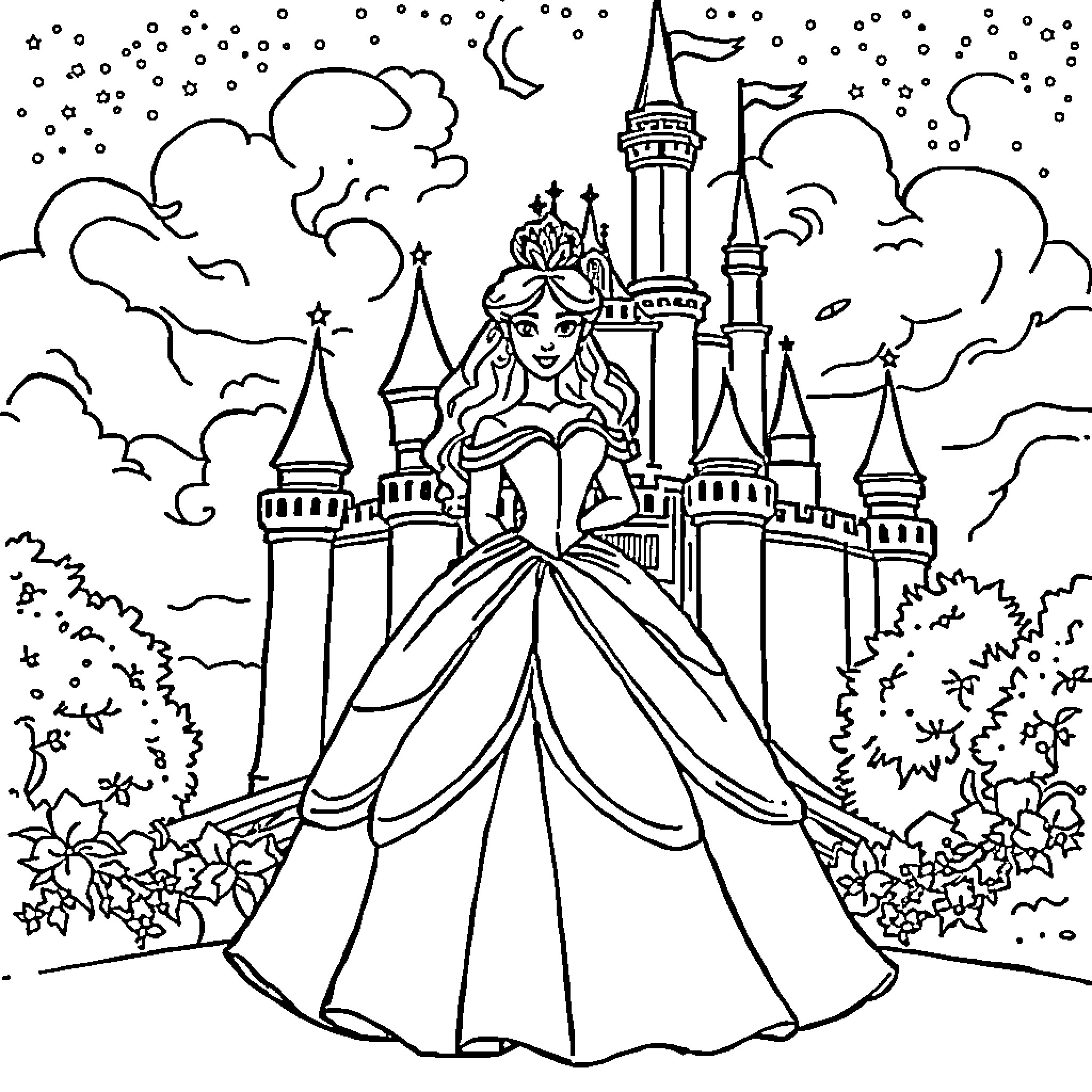 Princess in a Magical Castle Dreamscape Coloring Page (free black-and-white line drawing printable PDF for all, from beginners to advanced learners, including children, teens, adults, and seniors)