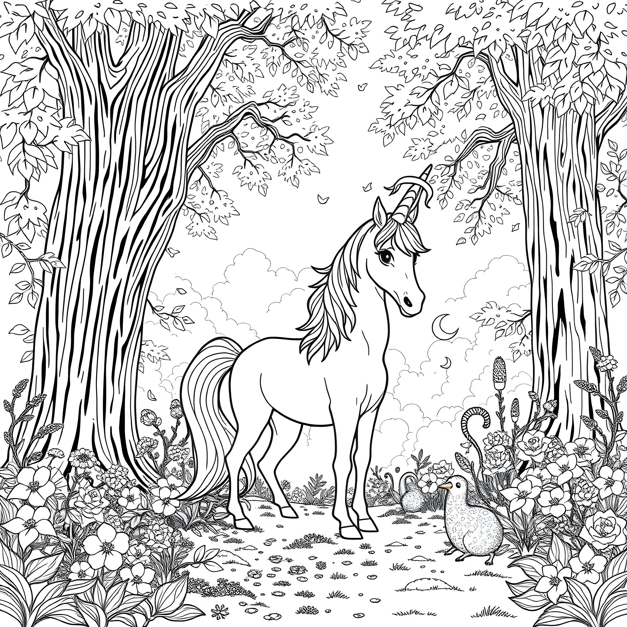 Unicorn in the enchanted forest Coloring Page (free black-and-white line drawing printable PDF for all, from beginners to advanced learners, including children, teens, adults, and seniors)