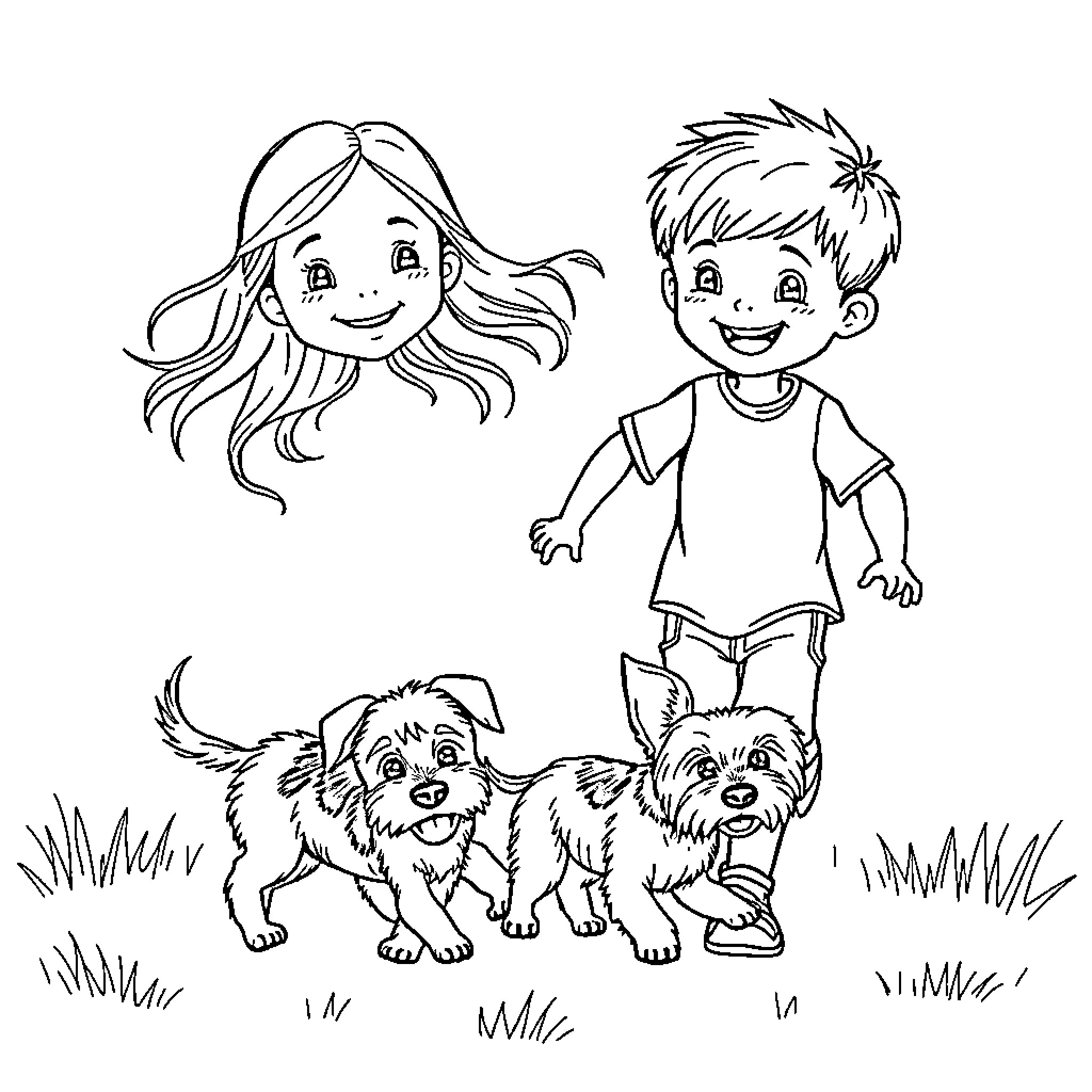 Child playing with dogs in the park Coloring Page (free black-and-white line drawing printable PDF for all, from beginners to advanced learners, including children, teens, adults, and seniors)