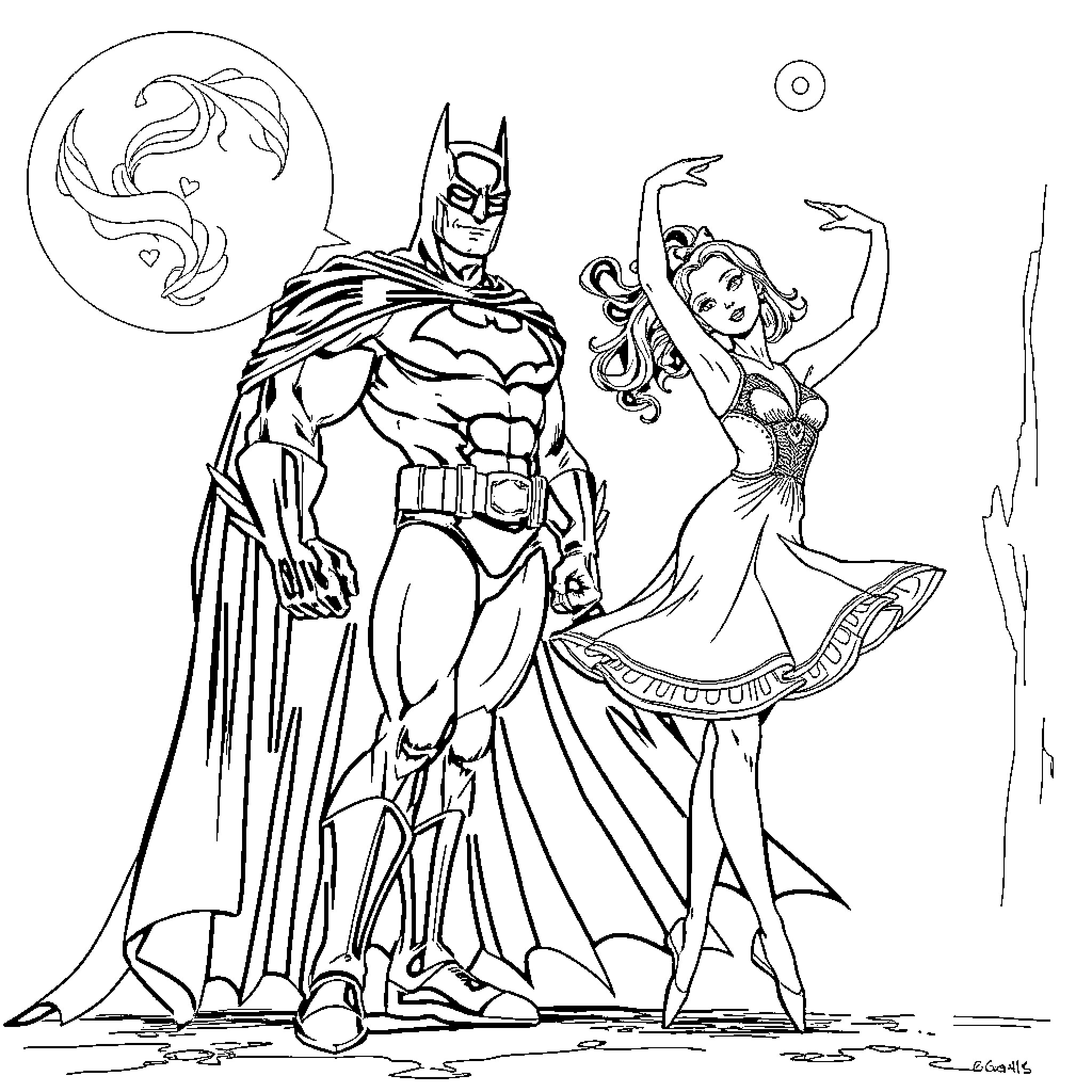 Batman and a dancing woman in an elegant dress Coloring Page (free black-and-white line drawing printable PDF for all, from beginners to advanced learners, including children, teens, adults, and seniors)