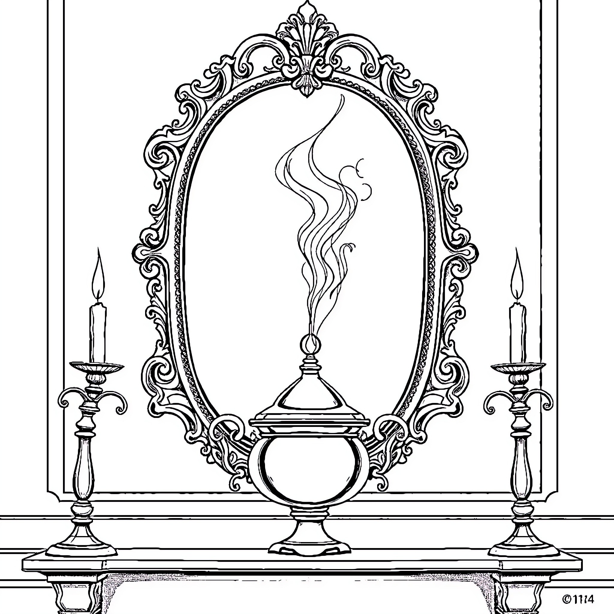 Mirror Reflection of Ornate Ritual Object and Candles Coloring Page (free black-and-white line drawing printable PDF for all, from beginners to advanced learners, including children, teens, adults, and seniors)