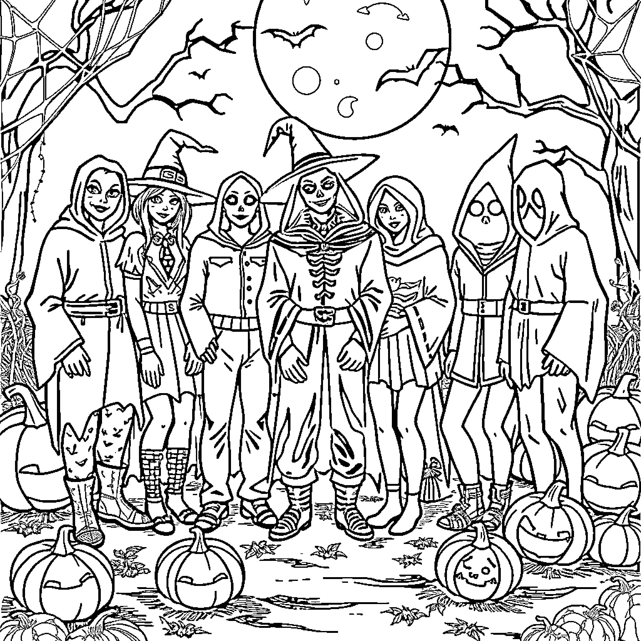 Person in Halloween costumes celebrating at night Coloring Page (free black-and-white line drawing printable PDF for all, from beginners to advanced learners, including children, teens, adults, and seniors)
