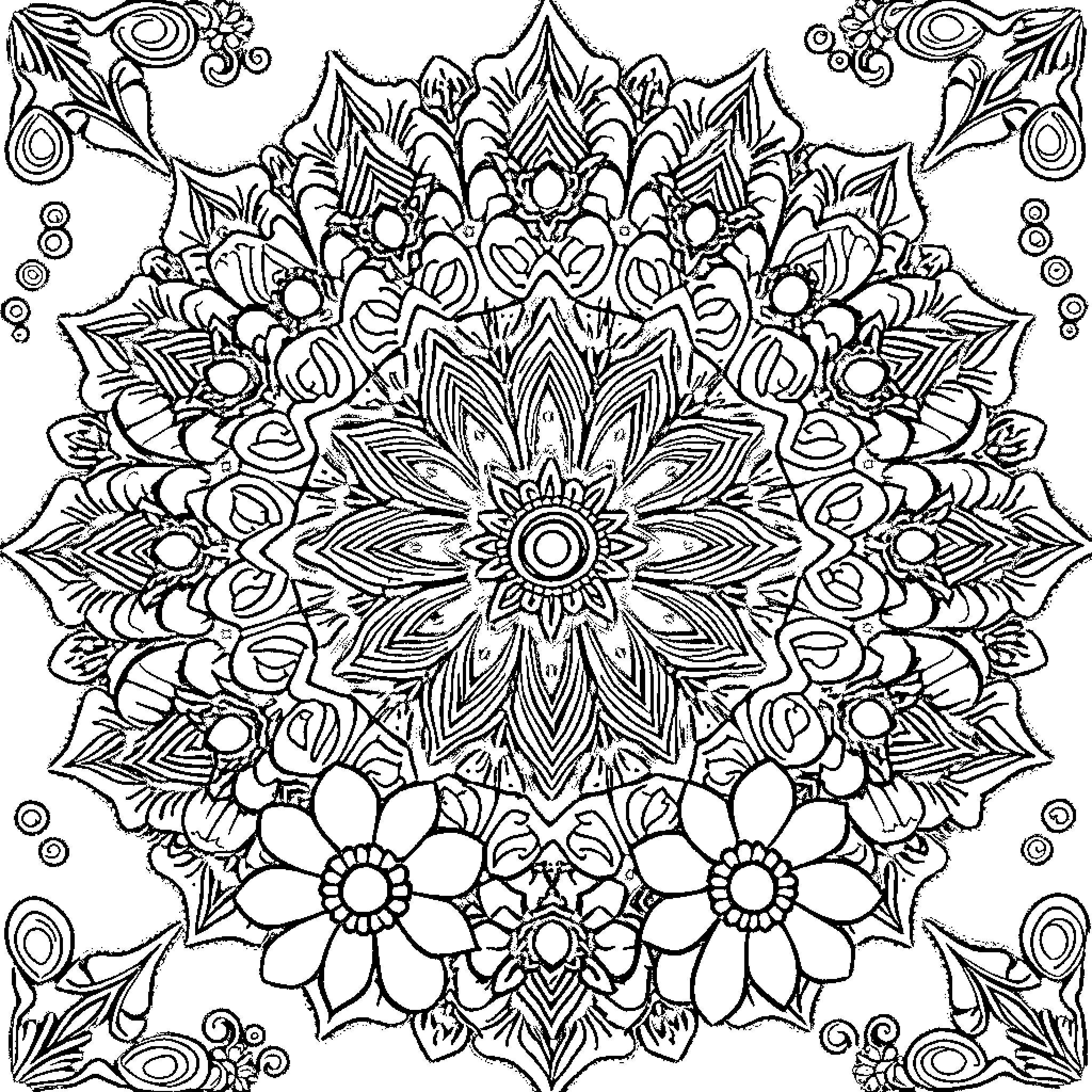 Mandalas of intricate floral and geometric patterns Coloring Page (free black-and-white line drawing printable PDF for all, from beginners to advanced learners, including children, teens, adults, and seniors)