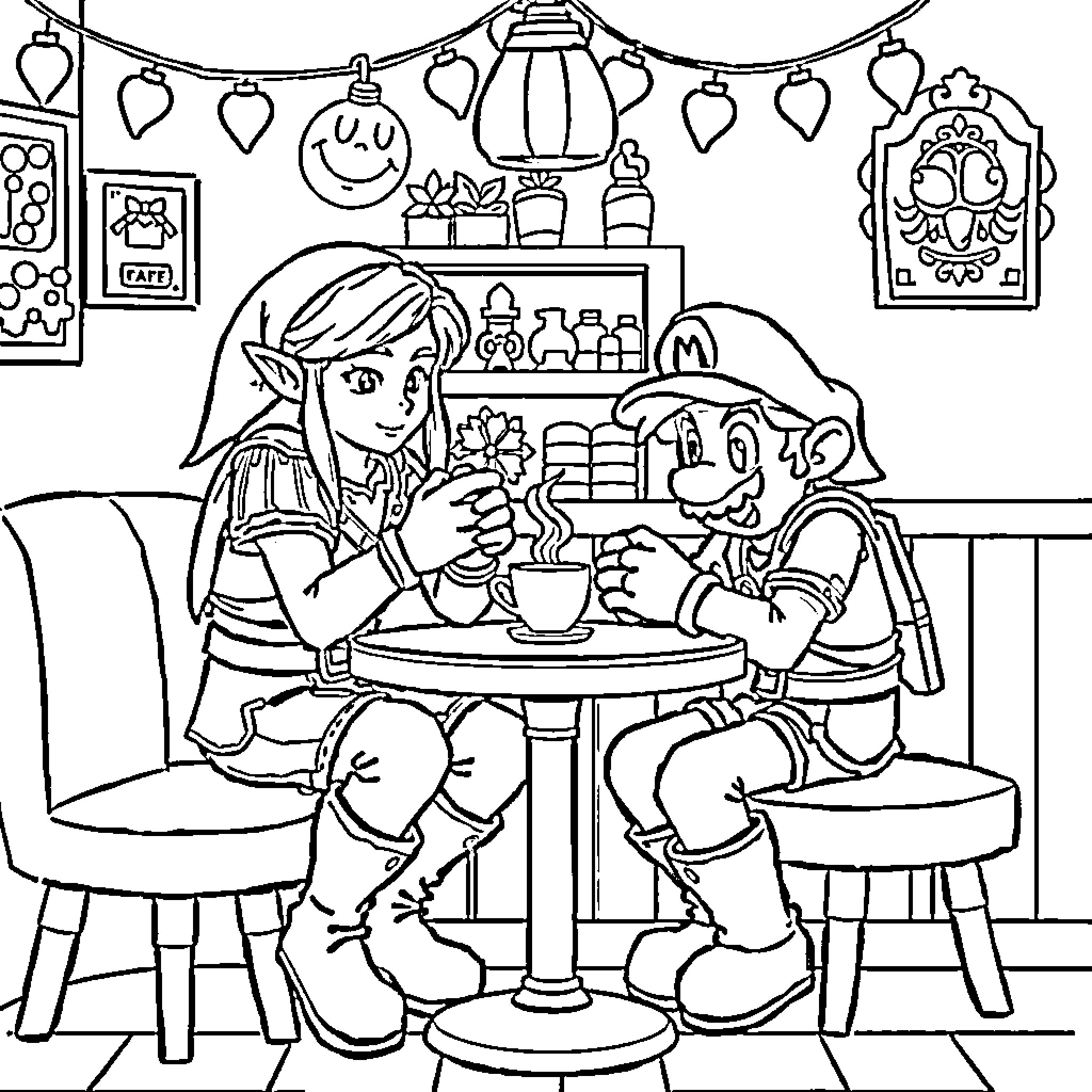 Link Sharing a Cozy Cafe Moment Coloring Page (free black-and-white line drawing printable PDF for all, from beginners to advanced learners, including children, teens, adults, and seniors)