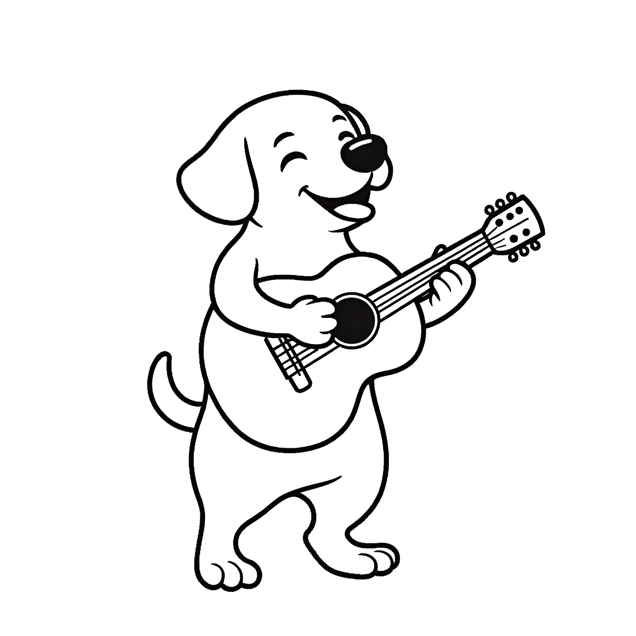 Dog playing guitar happily Coloring Page (free black-and-white line drawing printable PDF for all, from beginners to advanced learners, including children, teens, adults, and seniors)