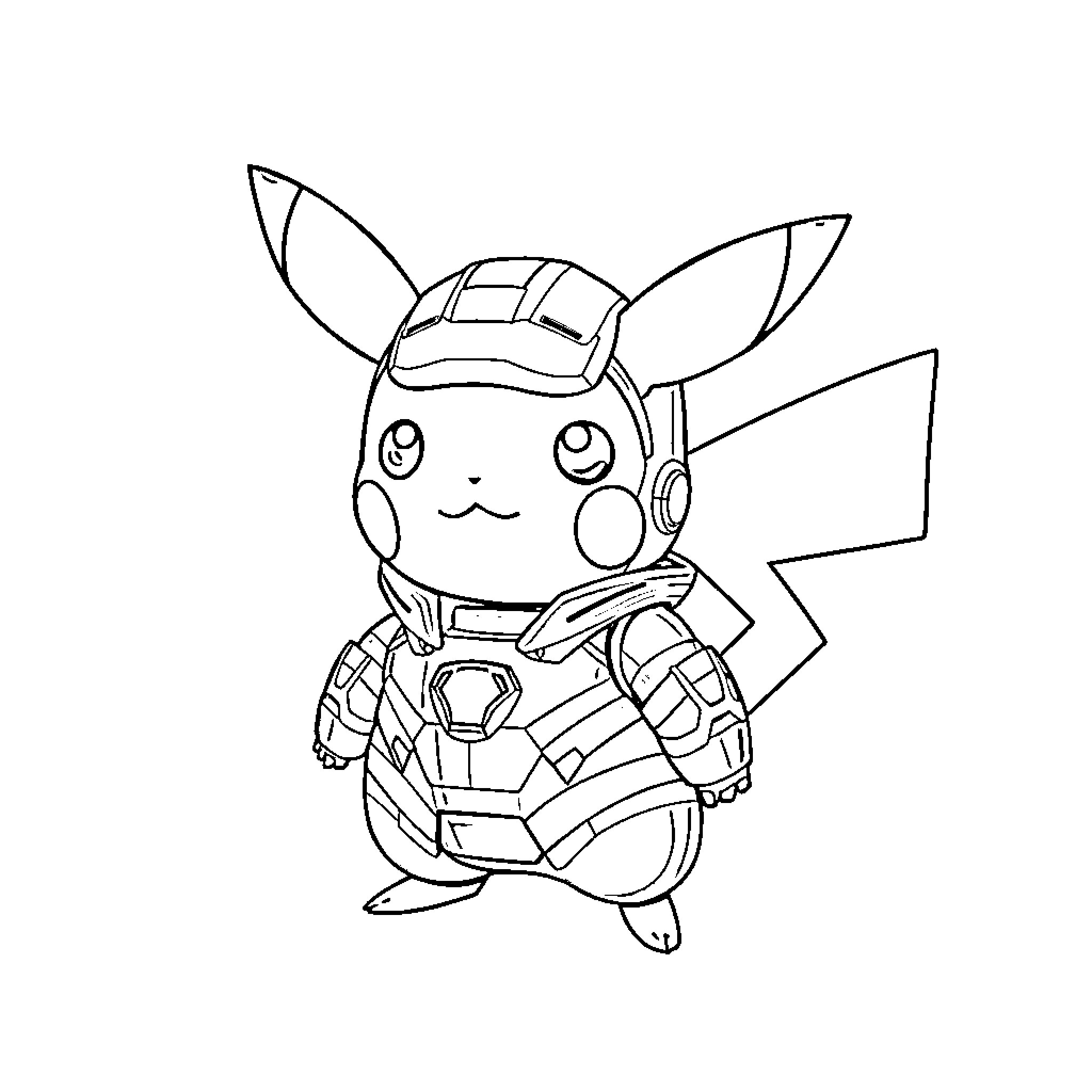 Pikachu in Futuristic Attire Coloring Page (free black-and-white line drawing printable PDF for all, from beginners to advanced learners, including children, teens, adults, and seniors)