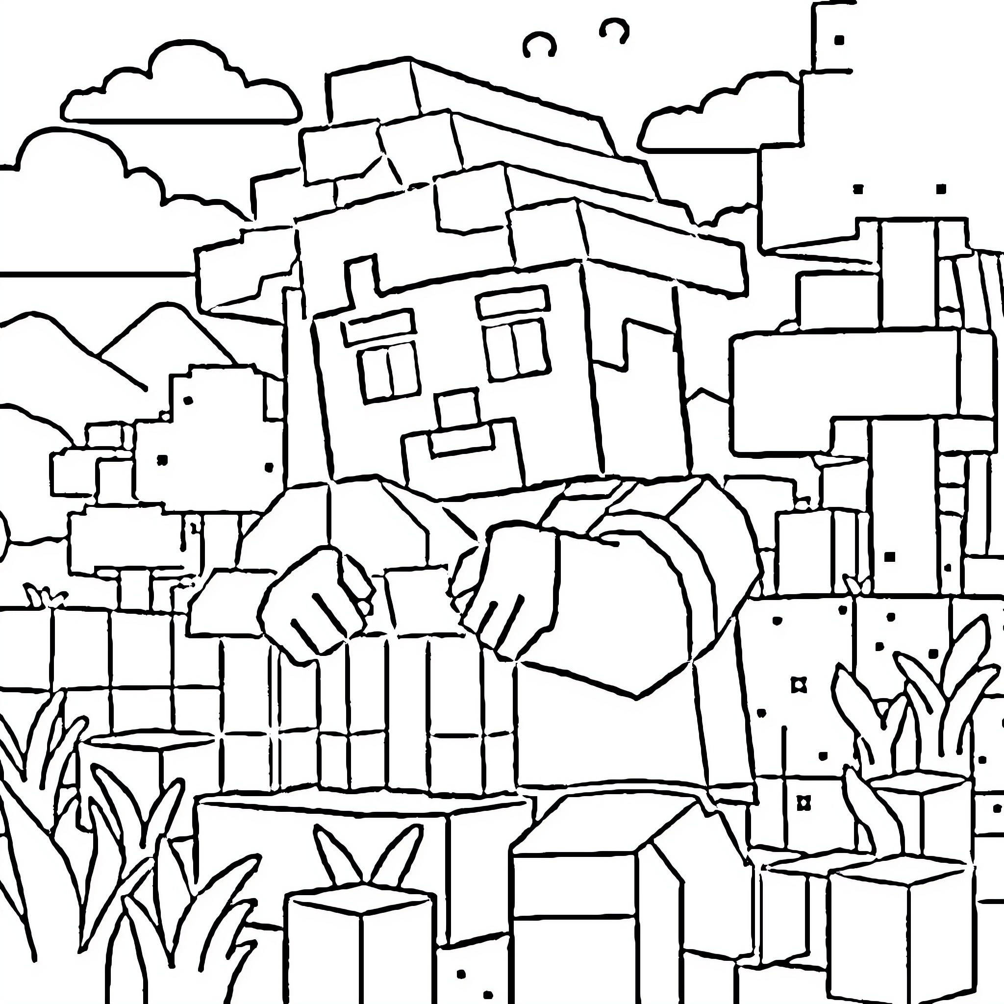Steve Building Geometric Structures in the Countryside Coloring Page (free black-and-white line drawing printable PDF for all, from beginners to advanced learners, including children, teens, adults, and seniors)