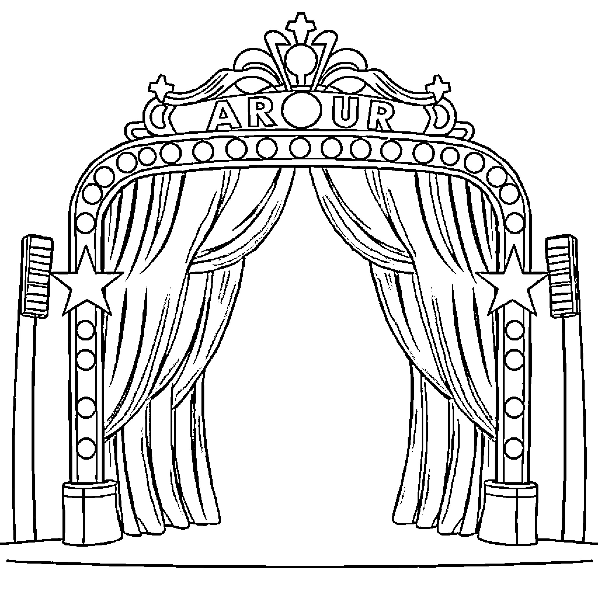 Stage with Ornate Curtain Archway and Decor Coloring Page (free black-and-white line drawing printable PDF for all, from beginners to advanced learners, including children, teens, adults, and seniors)