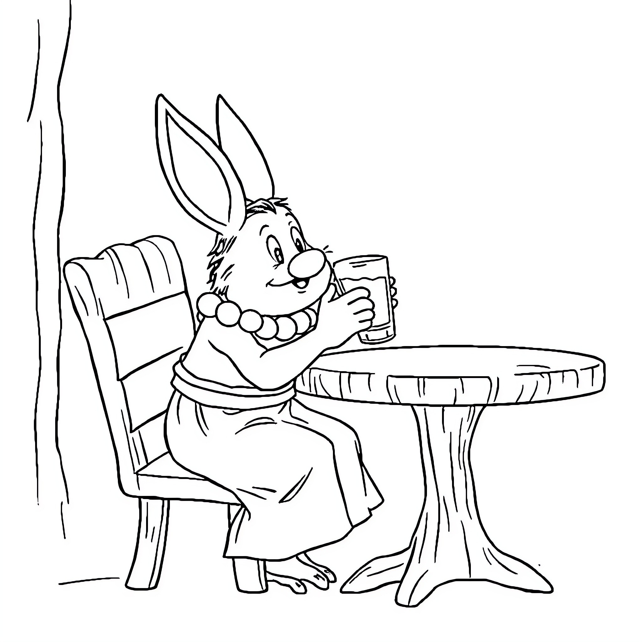 Cinderella's rabbit friend enjoying a refreshing drink Coloring Page (free black-and-white line drawing printable PDF for all, from beginners to advanced learners, including children, teens, adults, and seniors)