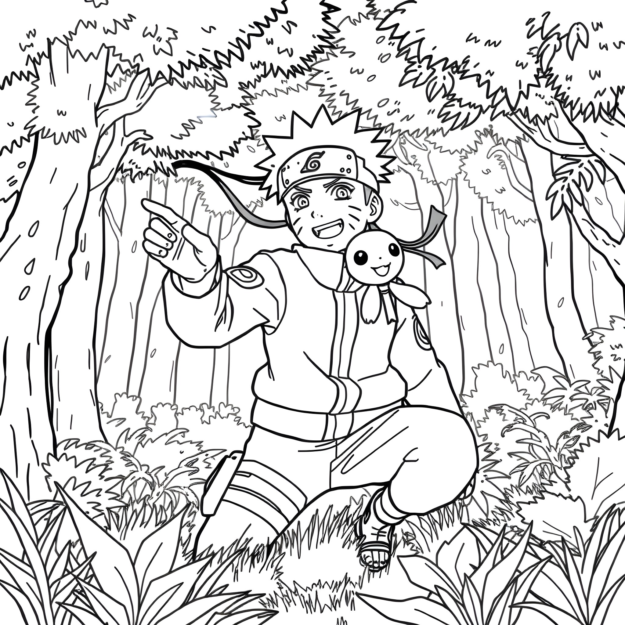 Naruto exploring the vibrant forest with Kurama Coloring Page (free black-and-white line drawing printable PDF for all, from beginners to advanced learners, including children, teens, adults, and seniors)