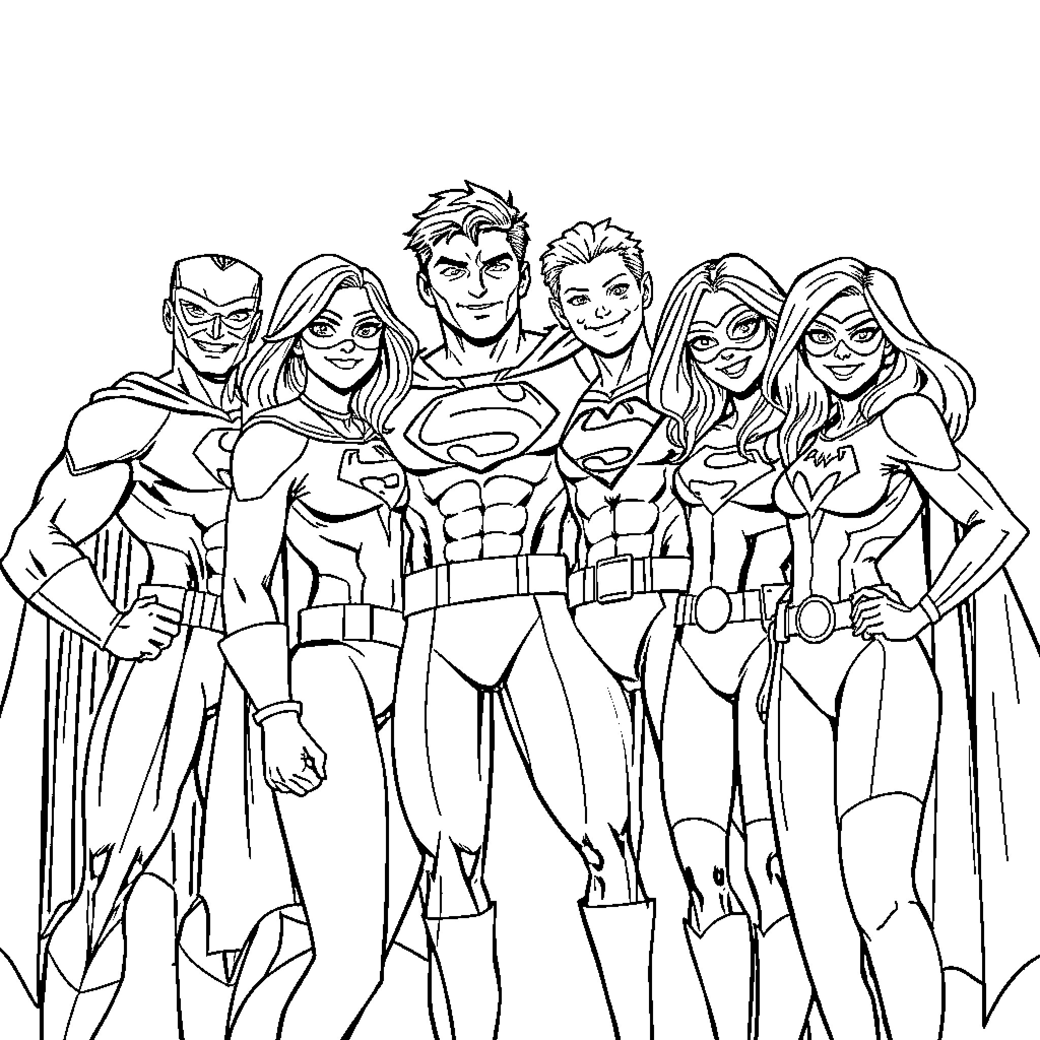Superhero Team Assembled for Action Coloring Page (free black-and-white line drawing printable PDF for all, from beginners to advanced learners, including children, teens, adults, and seniors)