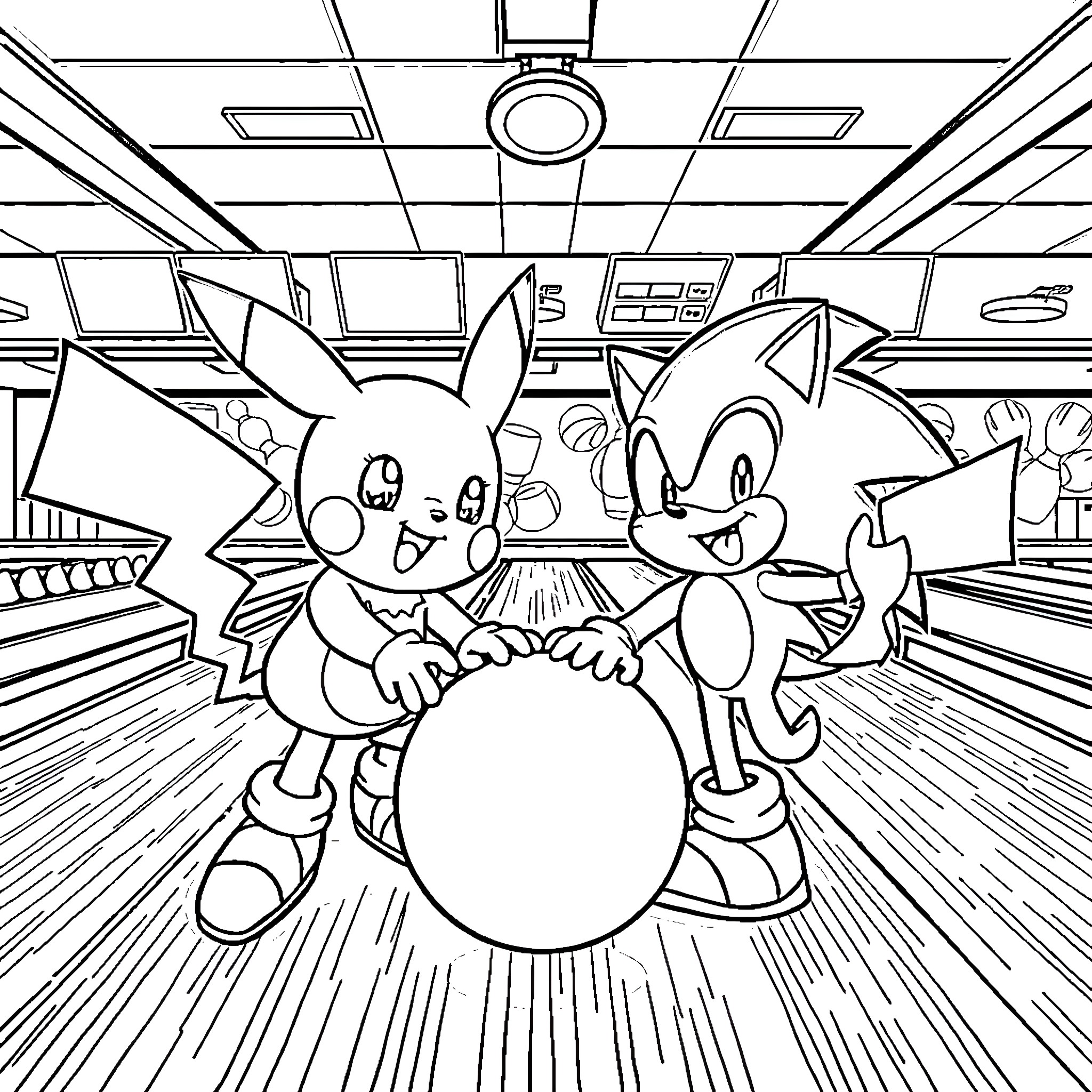 Sonic and Pikachu playing together in a video game setting Coloring Page (free black-and-white line drawing printable PDF for all, from beginners to advanced learners, including children, teens, adults, and seniors)