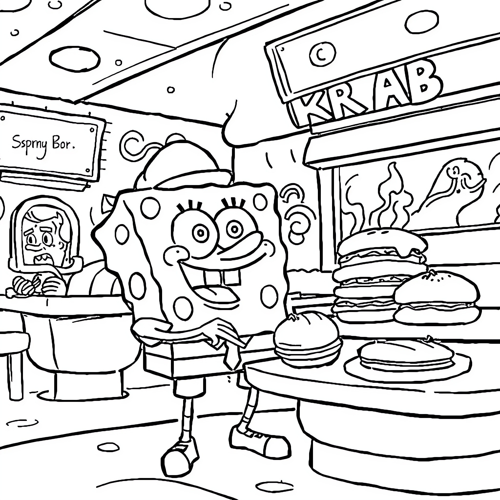 Spongebob in a Krab Burger Kitchen Coloring Page (free black-and-white line drawing printable PDF for all, from beginners to advanced learners, including children, teens, adults, and seniors)