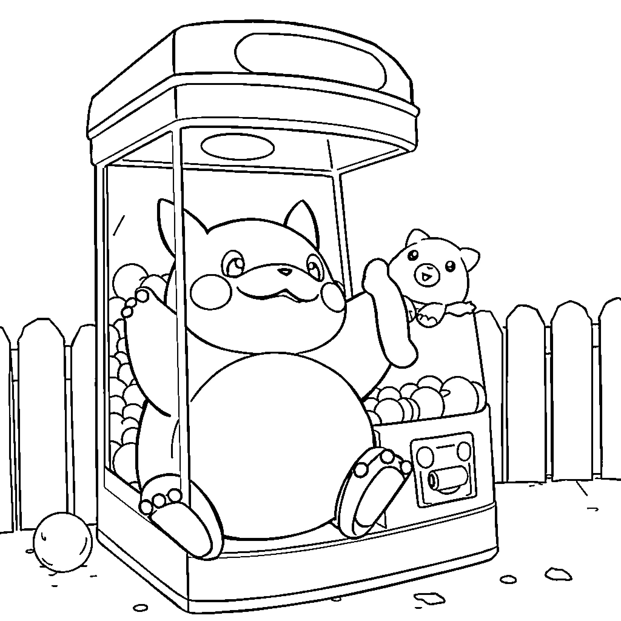 Snorlax trapped in a claw machine with a plush dog Coloring Page (free black-and-white line drawing printable PDF for all, from beginners to advanced learners, including children, teens, adults, and seniors)