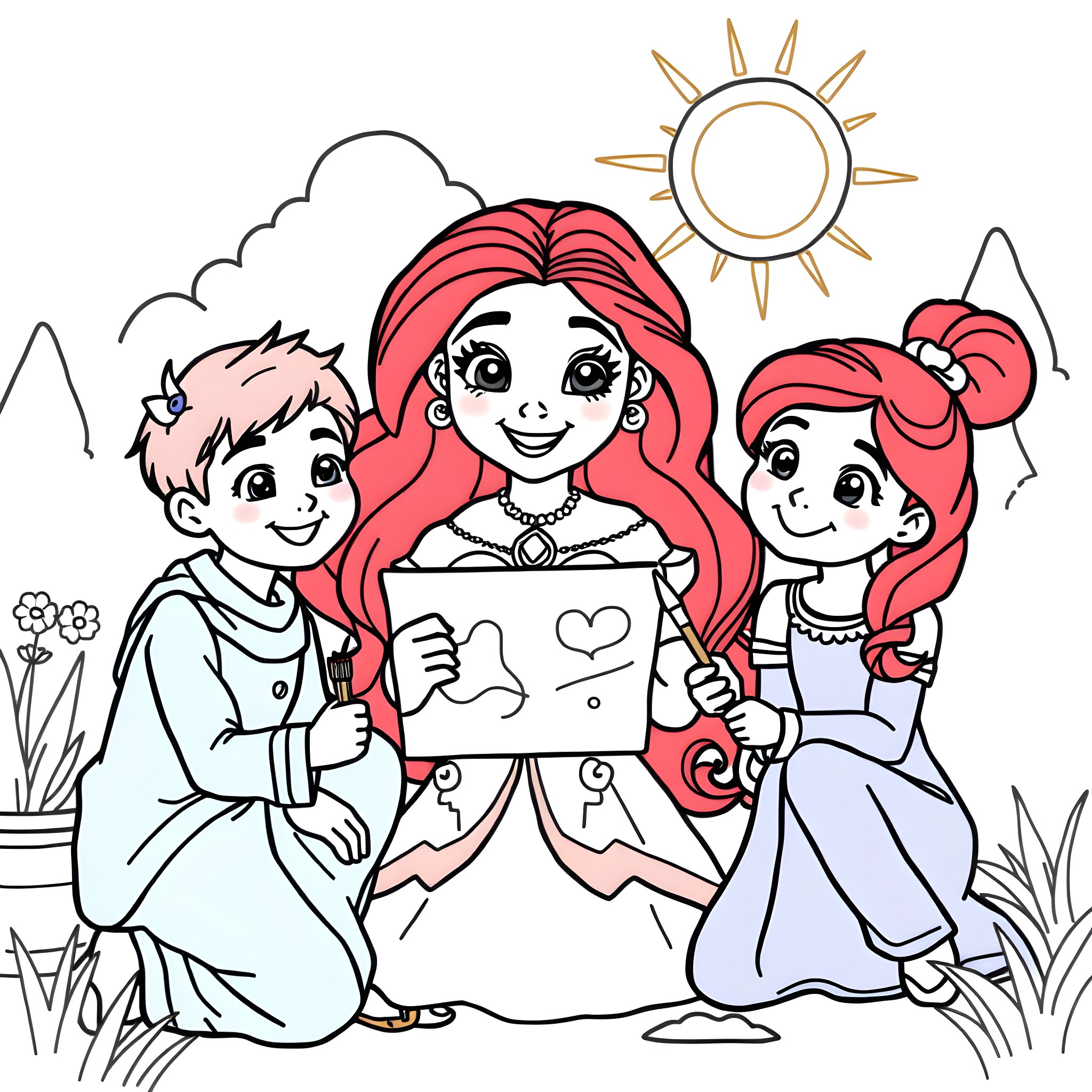 Elena and her friends enjoying the outdoors with a craft project Coloring Page (free black-and-white line drawing printable PDF for all, from beginners to advanced learners, including children, teens, adults, and seniors)