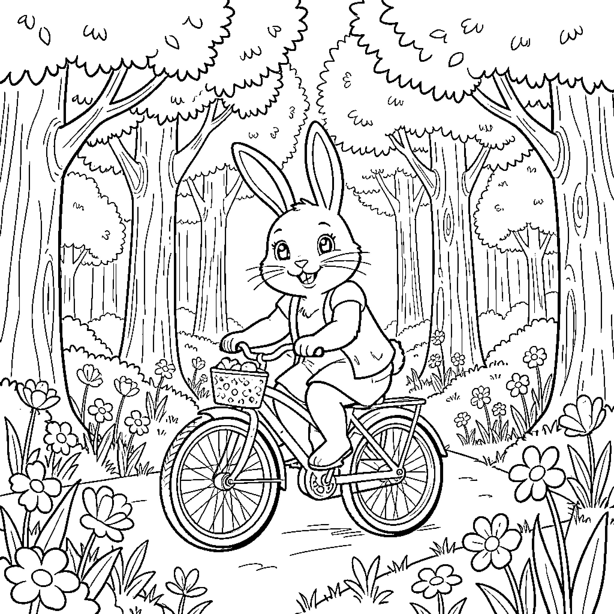 Easter Bunny riding bicycle through the forest Coloring Page (free black-and-white line drawing printable PDF for all, from beginners to advanced learners, including children, teens, adults, and seniors)