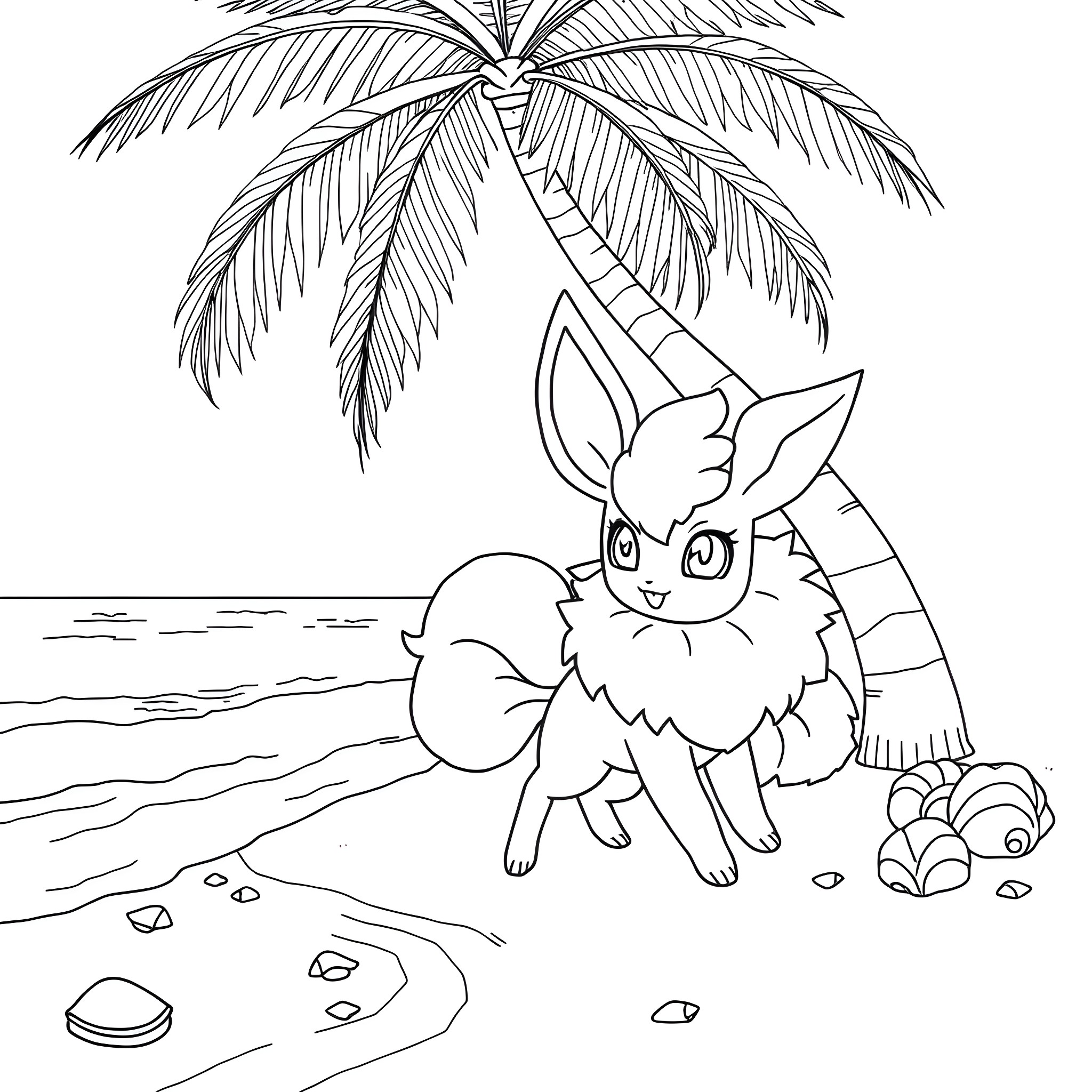 Flareon relaxing on the beach Coloring Page (free black-and-white line drawing printable PDF for all, from beginners to advanced learners, including children, teens, adults, and seniors)
