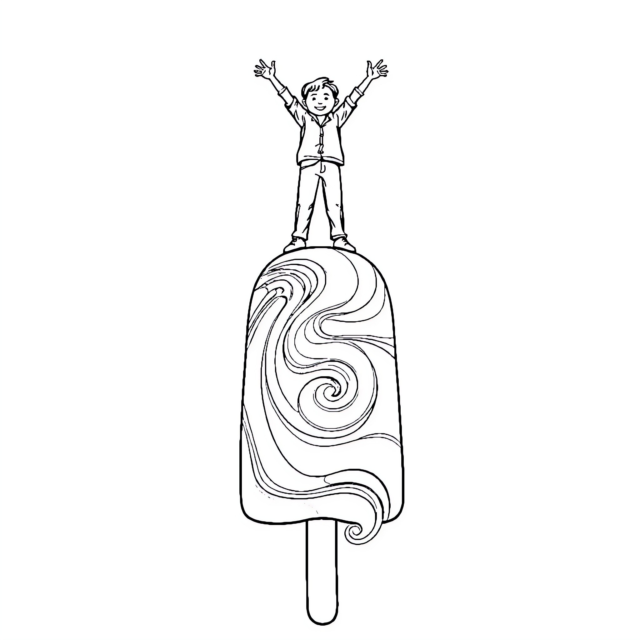 Popsicle Boy Celebrating on a Swirly Treat Coloring Page (free black-and-white line drawing printable PDF for all, from beginners to advanced learners, including children, teens, adults, and seniors)