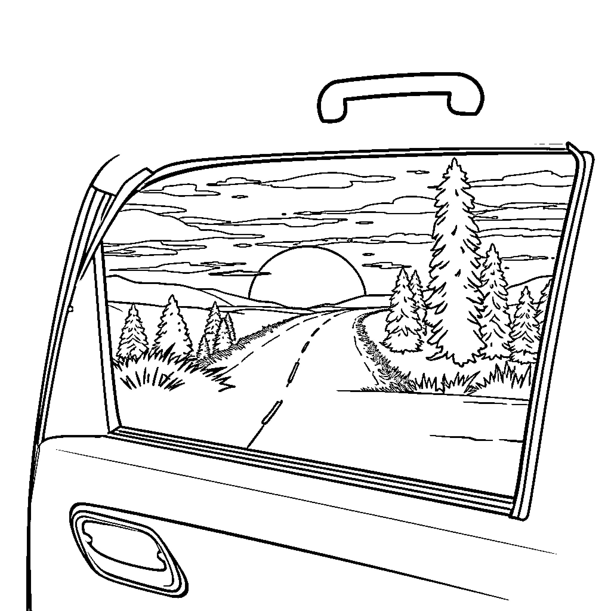 Dog enjoying scenic landscape through car window Coloring Page (free black-and-white line drawing printable PDF for all, from beginners to advanced learners, including children, teens, adults, and seniors)