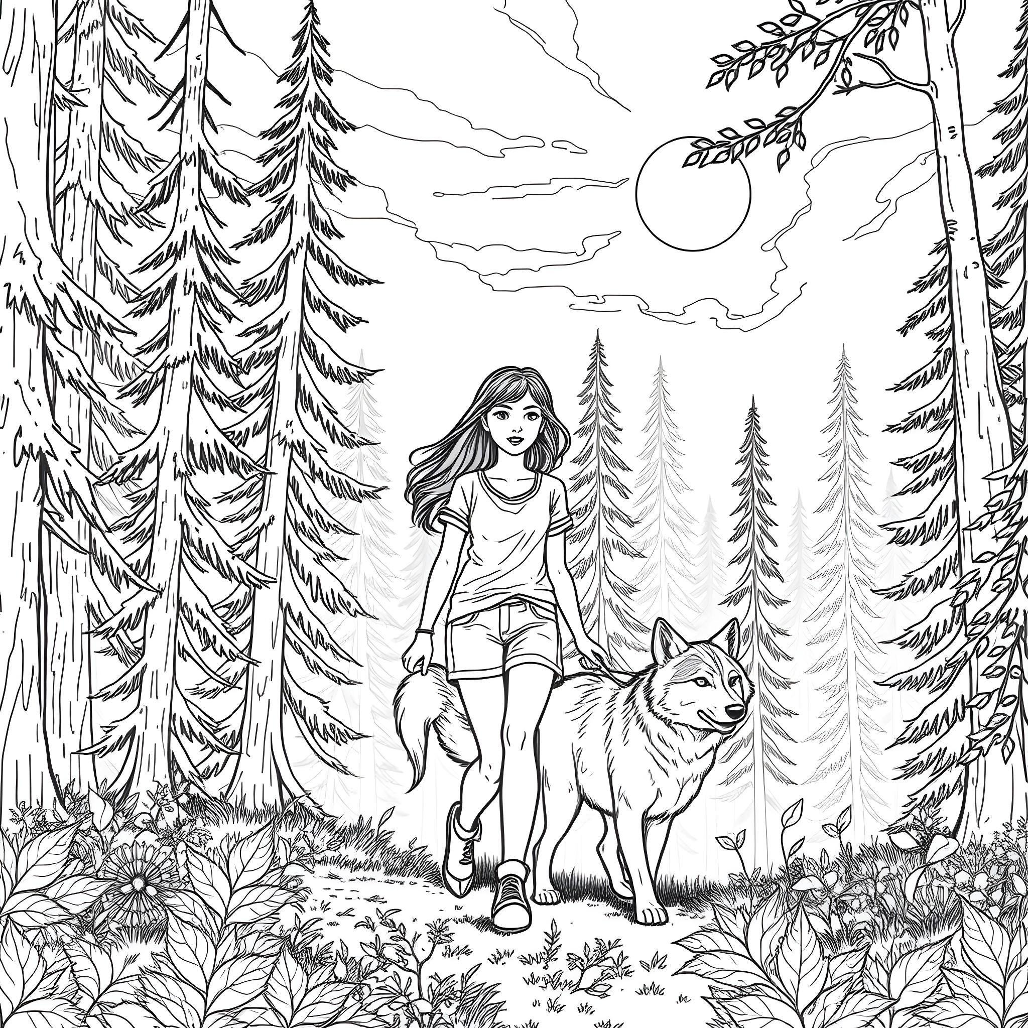 Girl exploring the forest with her dog Coloring Page (free black-and-white line drawing printable PDF for all, from beginners to advanced learners, including children, teens, adults, and seniors)