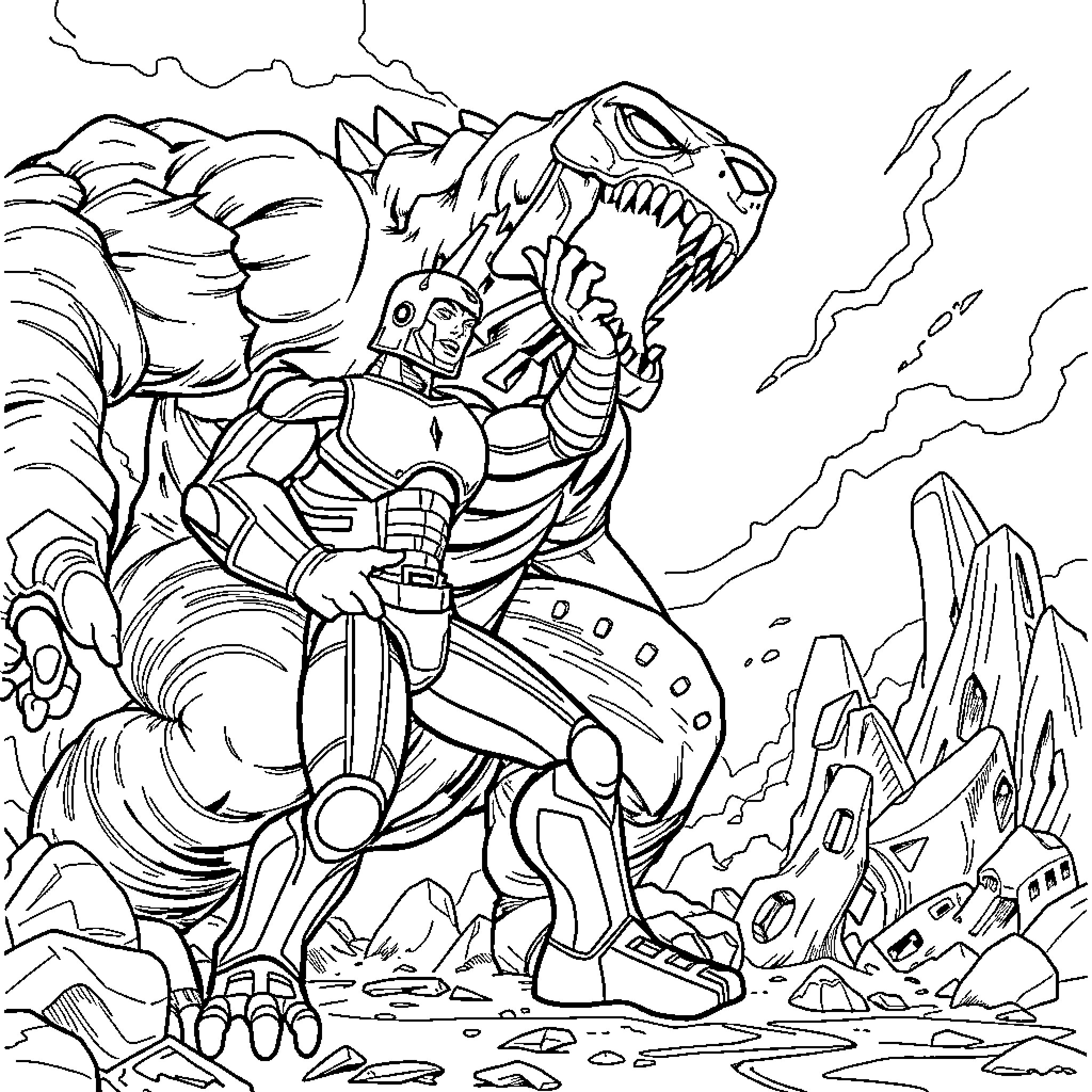 Stretch Armstrong battles a monstrous creature in a rocky landscape Coloring Page (free black-and-white line drawing printable PDF for all, from beginners to advanced learners, including children, teens, adults, and seniors)