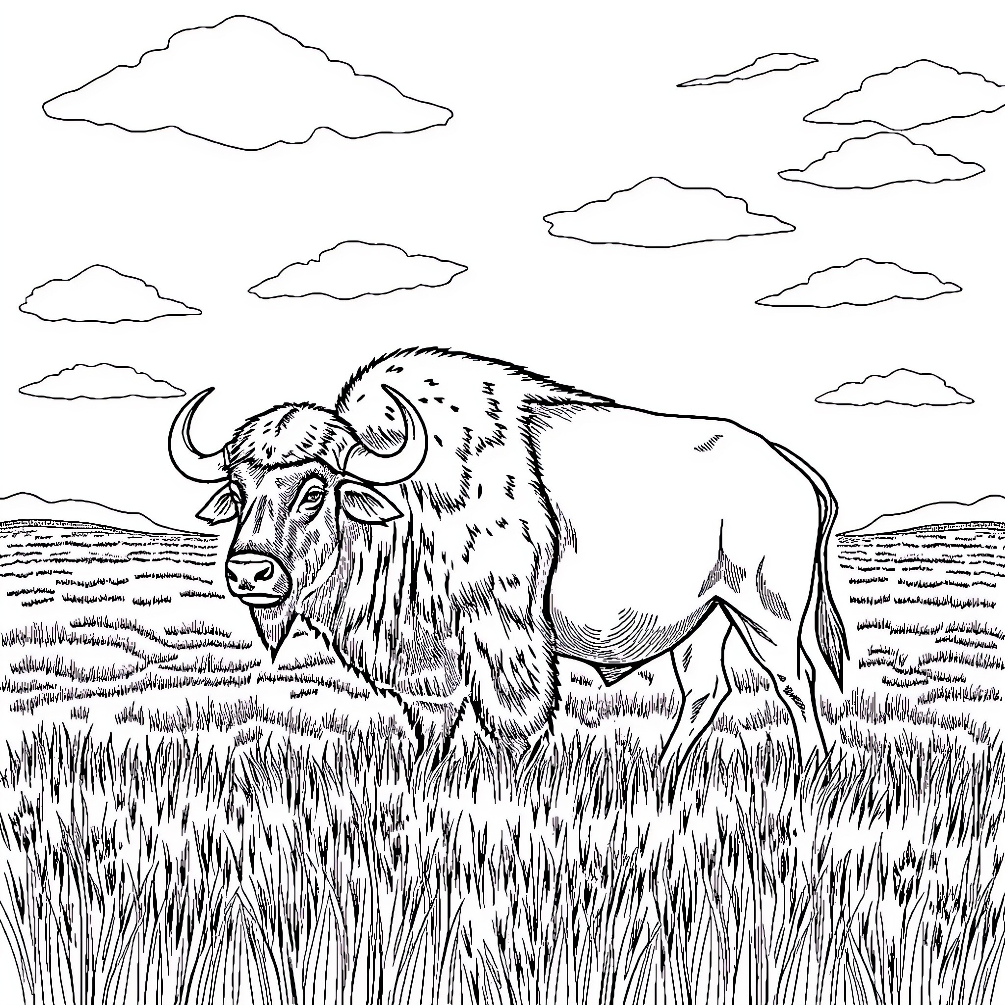 Buffalo roaming in a grassy field with clouds Coloring Page (free black-and-white line drawing printable PDF for all, from beginners to advanced learners, including children, teens, adults, and seniors)