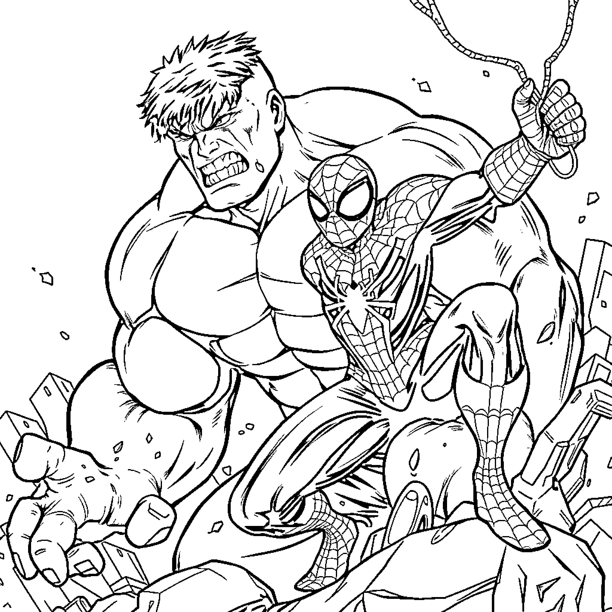Hulk Spider-Man clash against the city destruction Coloring Page (free black-and-white line drawing printable PDF for all, from beginners to advanced learners, including children, teens, adults, and seniors)