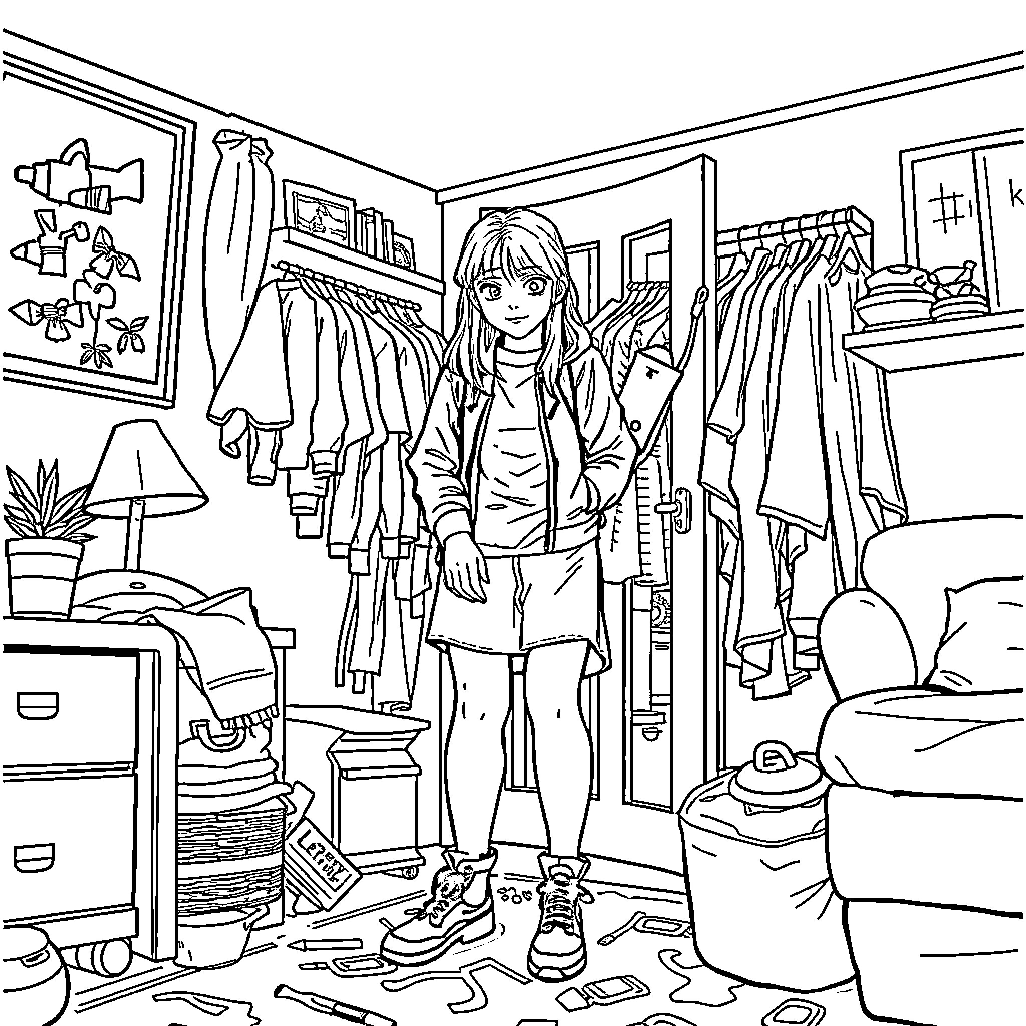 Billie Eilish exploring her closet and personal space Coloring Page (free black-and-white line drawing printable PDF for all, from beginners to advanced learners, including children, teens, adults, and seniors)