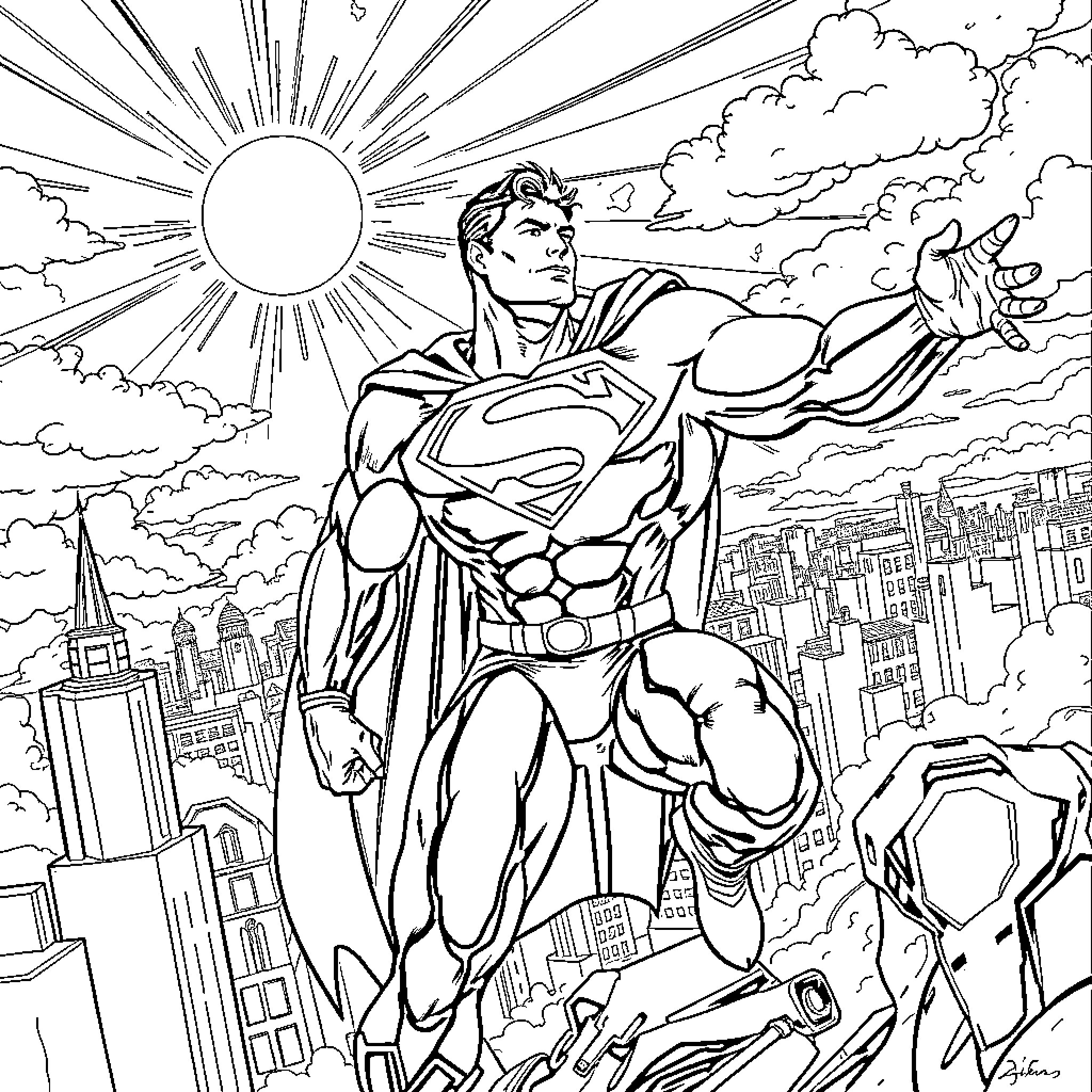 Superman soaring over the city skyline Coloring Page (free black-and-white line drawing printable PDF for all, from beginners to advanced learners, including children, teens, adults, and seniors)