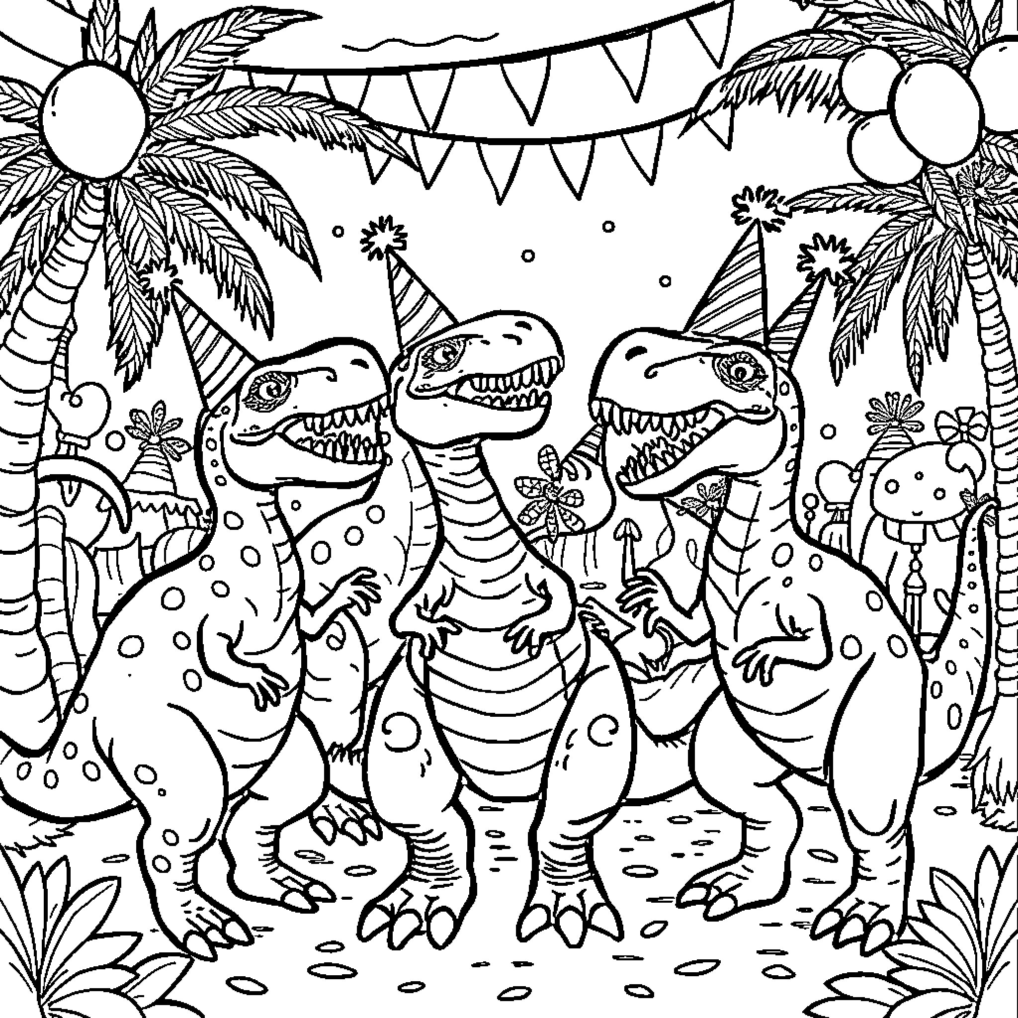 Dinosaur Party Celebration in the Jungle Coloring Page (free black-and-white line drawing printable PDF for all, from beginners to advanced learners, including children, teens, adults, and seniors)