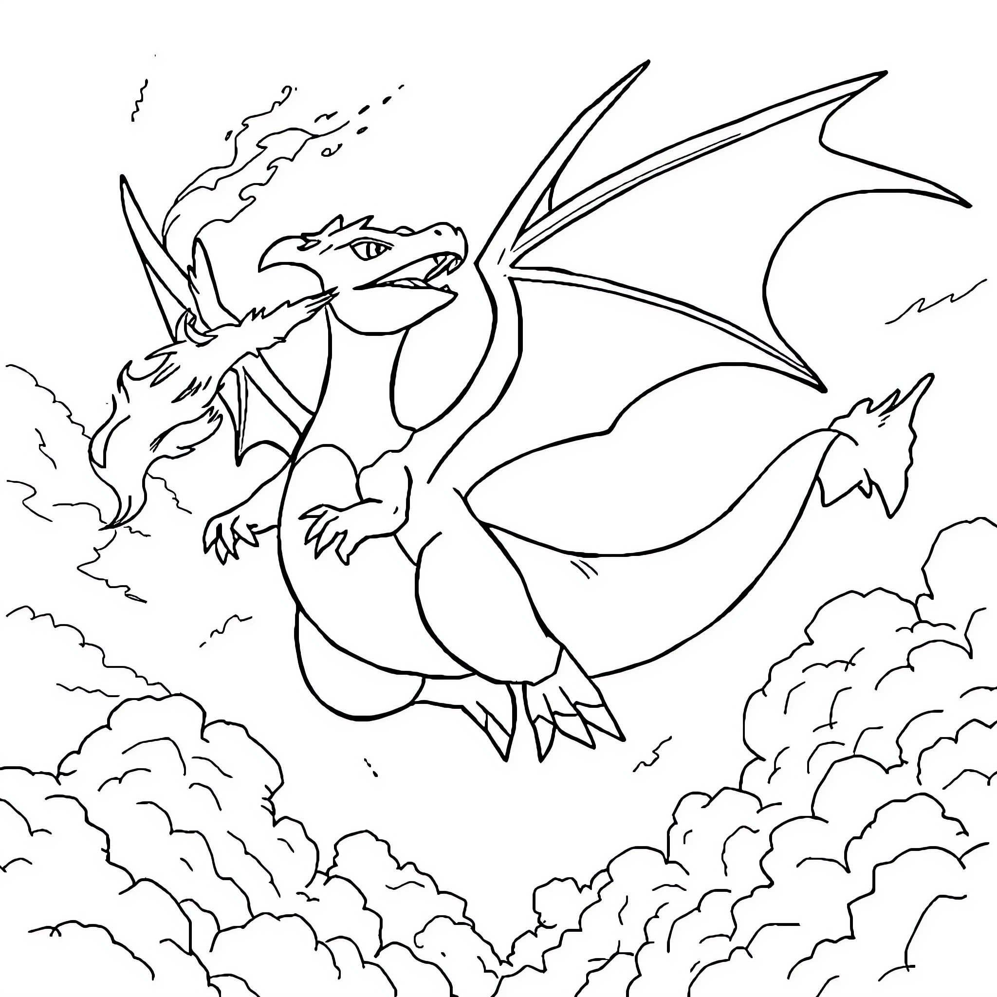 Charizard flying through the sky Coloring Page (free black-and-white line drawing printable PDF for all, from beginners to advanced learners, including children, teens, adults, and seniors)