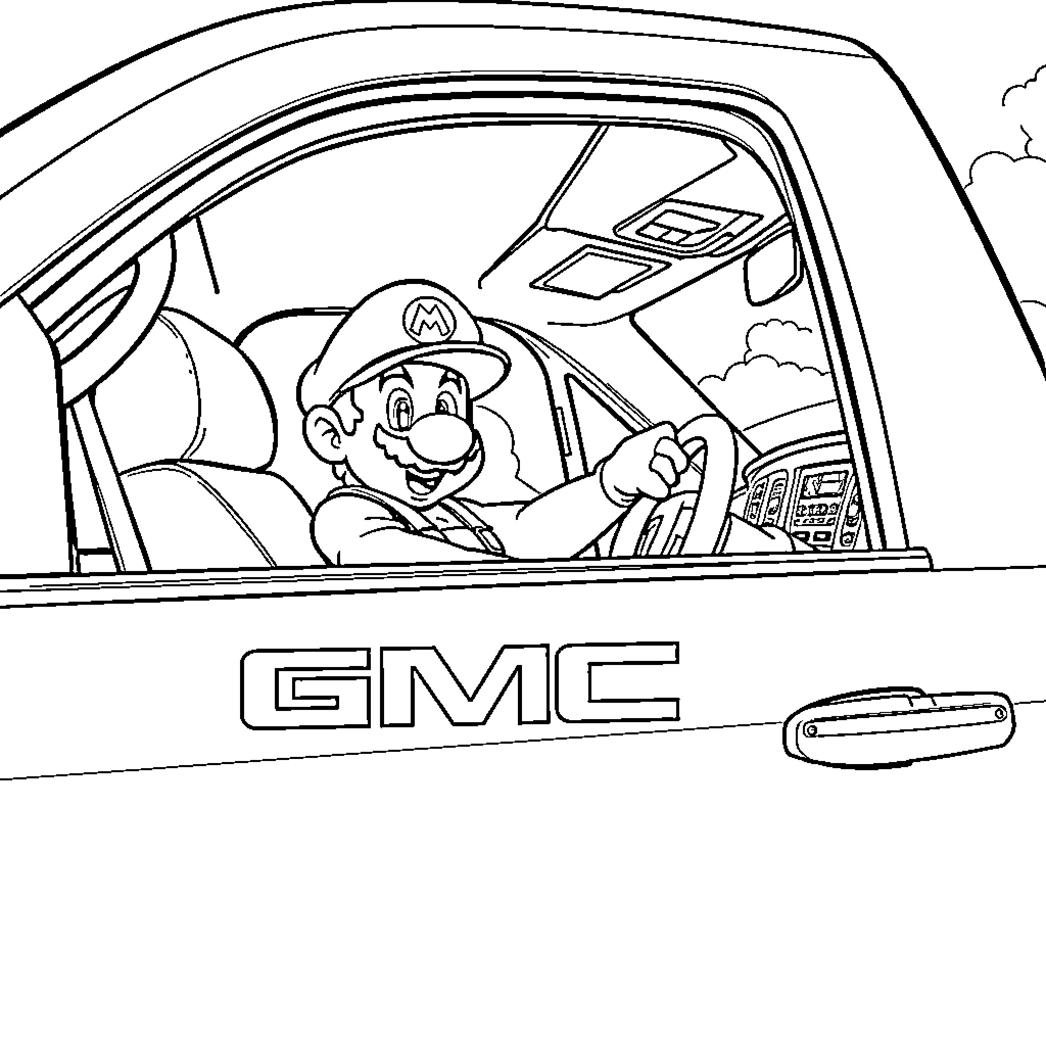 Mario happily driving a GMC car Coloring Page (free black-and-white line drawing printable PDF for all, from beginners to advanced learners, including children, teens, adults, and seniors)