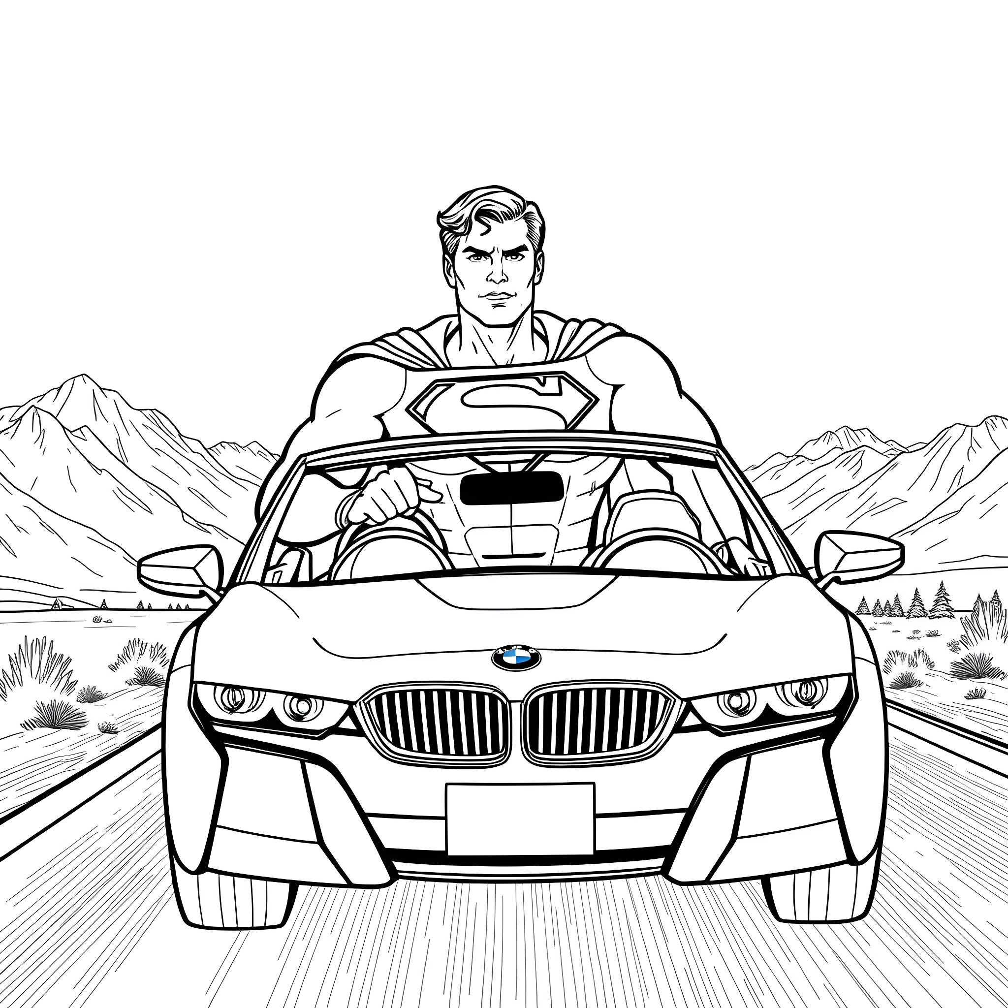 Superman driving a BMW sports car through the mountains Coloring Page (free black-and-white line drawing printable PDF for all, from beginners to advanced learners, including children, teens, adults, and seniors)