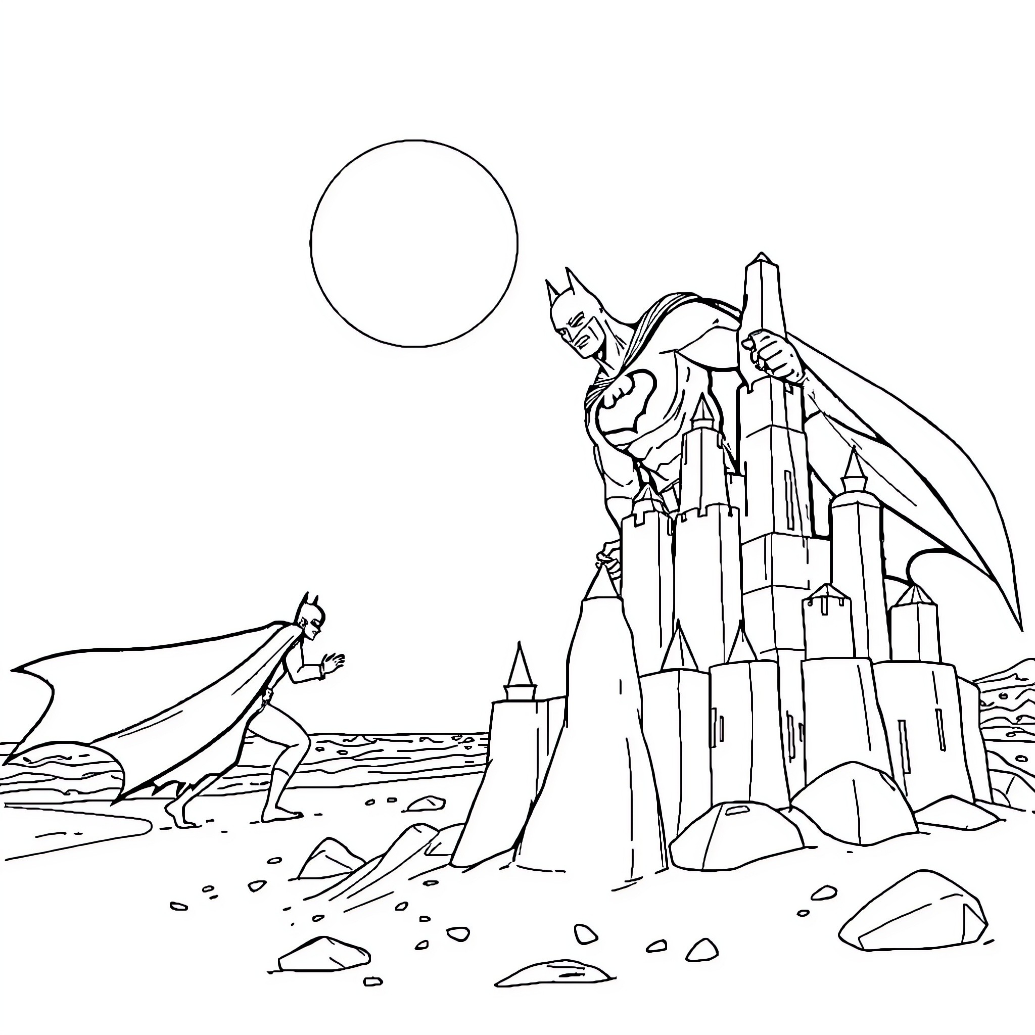 Batman overlooking a fantasy castle landscape Coloring Page (free black-and-white line drawing printable PDF for all, from beginners to advanced learners, including children, teens, adults, and seniors)