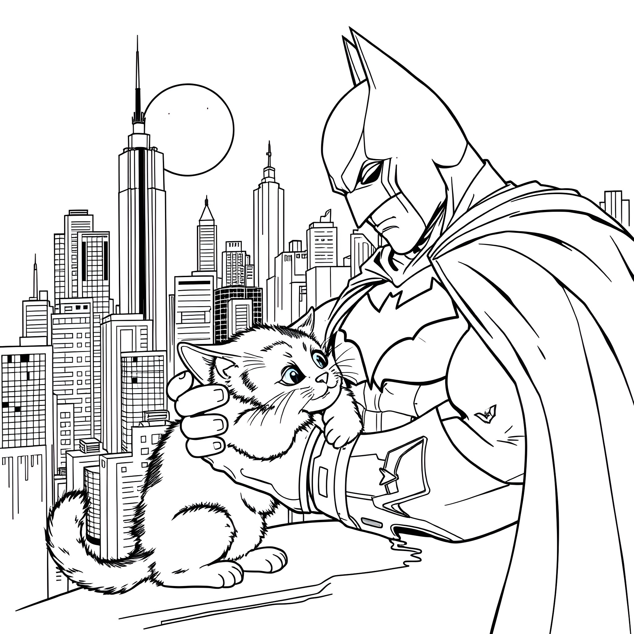 Batman protects a helpless kitten in the city Coloring Page (free black-and-white line drawing printable PDF for all, from beginners to advanced learners, including children, teens, adults, and seniors)