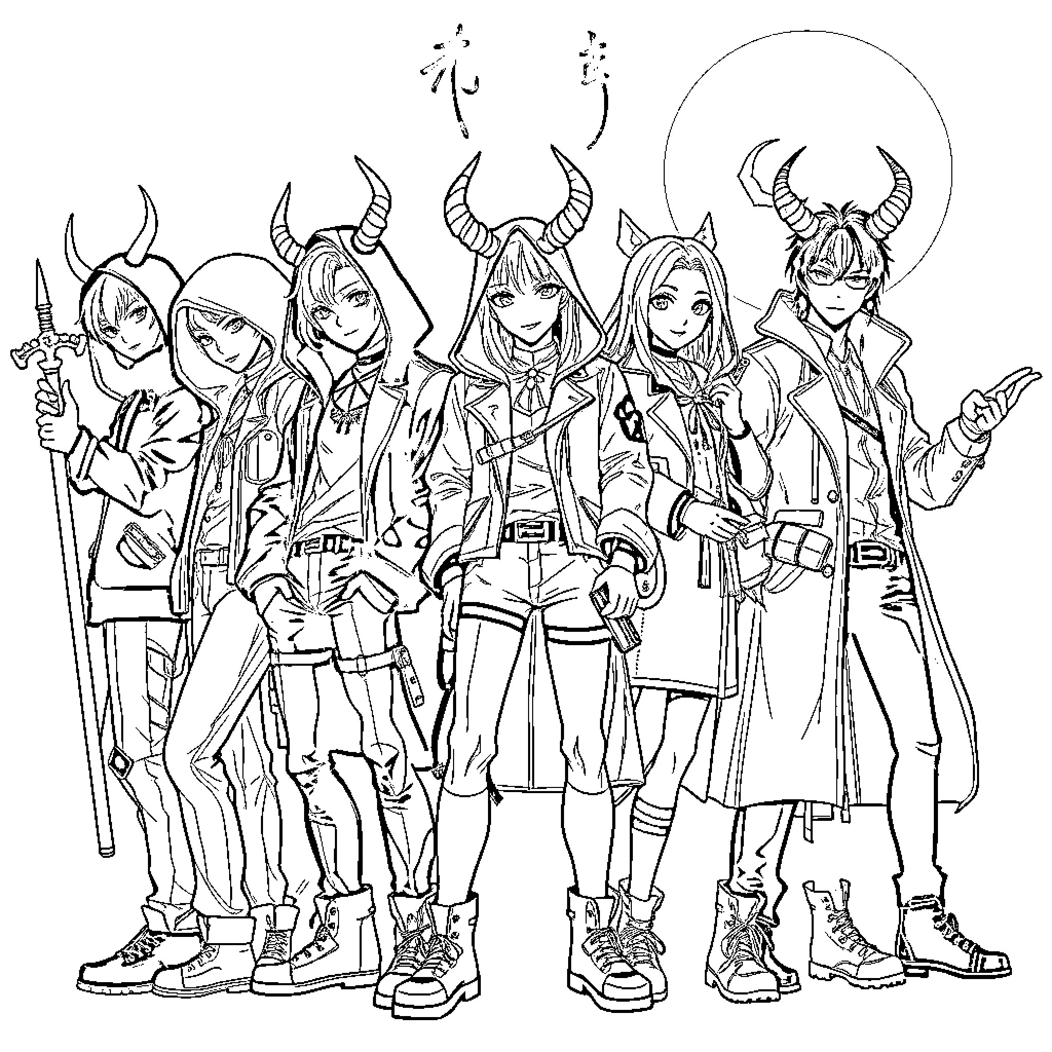 Demon Hunters in Fierce Battle Attire Coloring Page (free black-and-white line drawing printable PDF for all, from beginners to advanced learners, including children, teens, adults, and seniors)