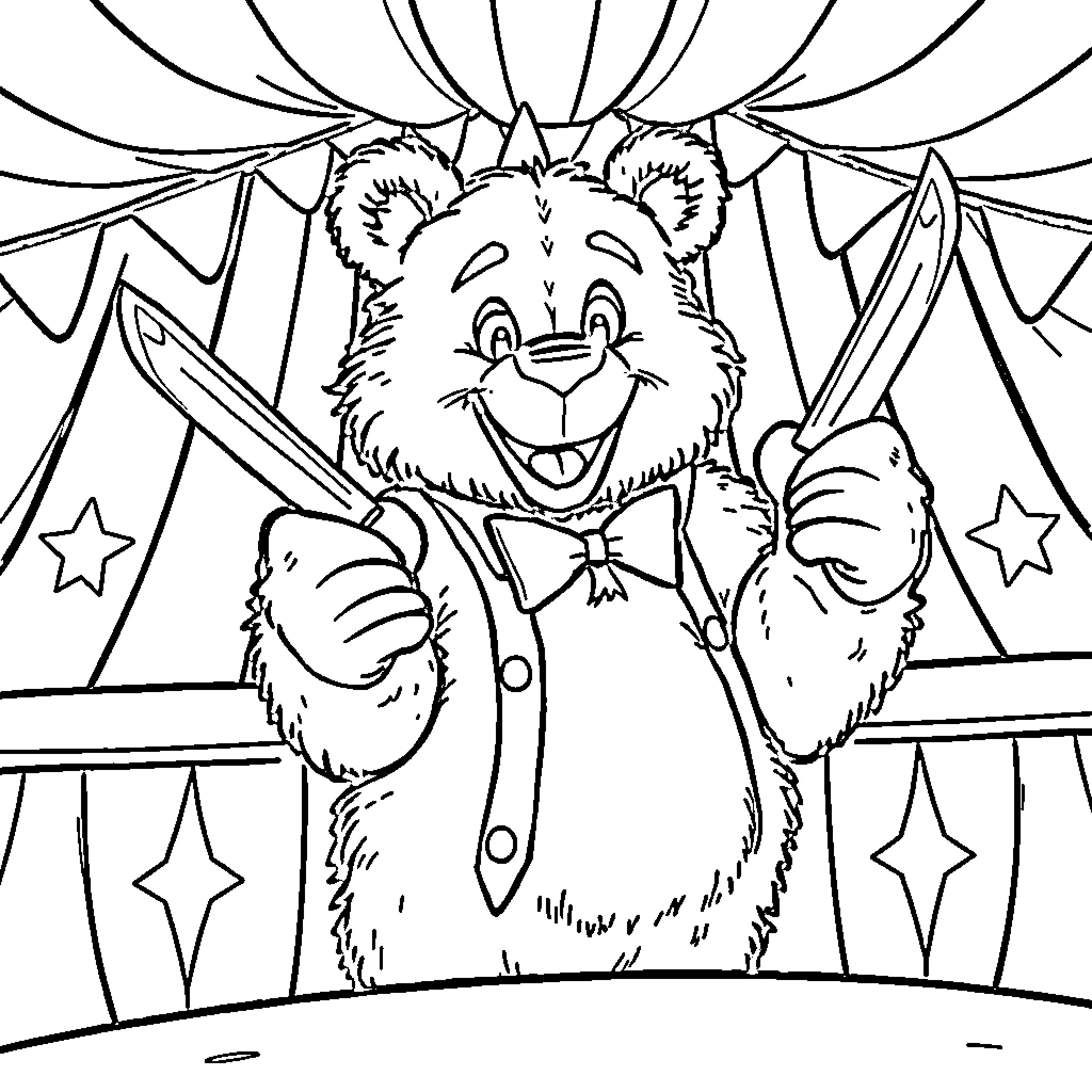 Freddy Fazbear entertaining at the circus Coloring Page (free black-and-white line drawing printable PDF for all, from beginners to advanced learners, including children, teens, adults, and seniors)