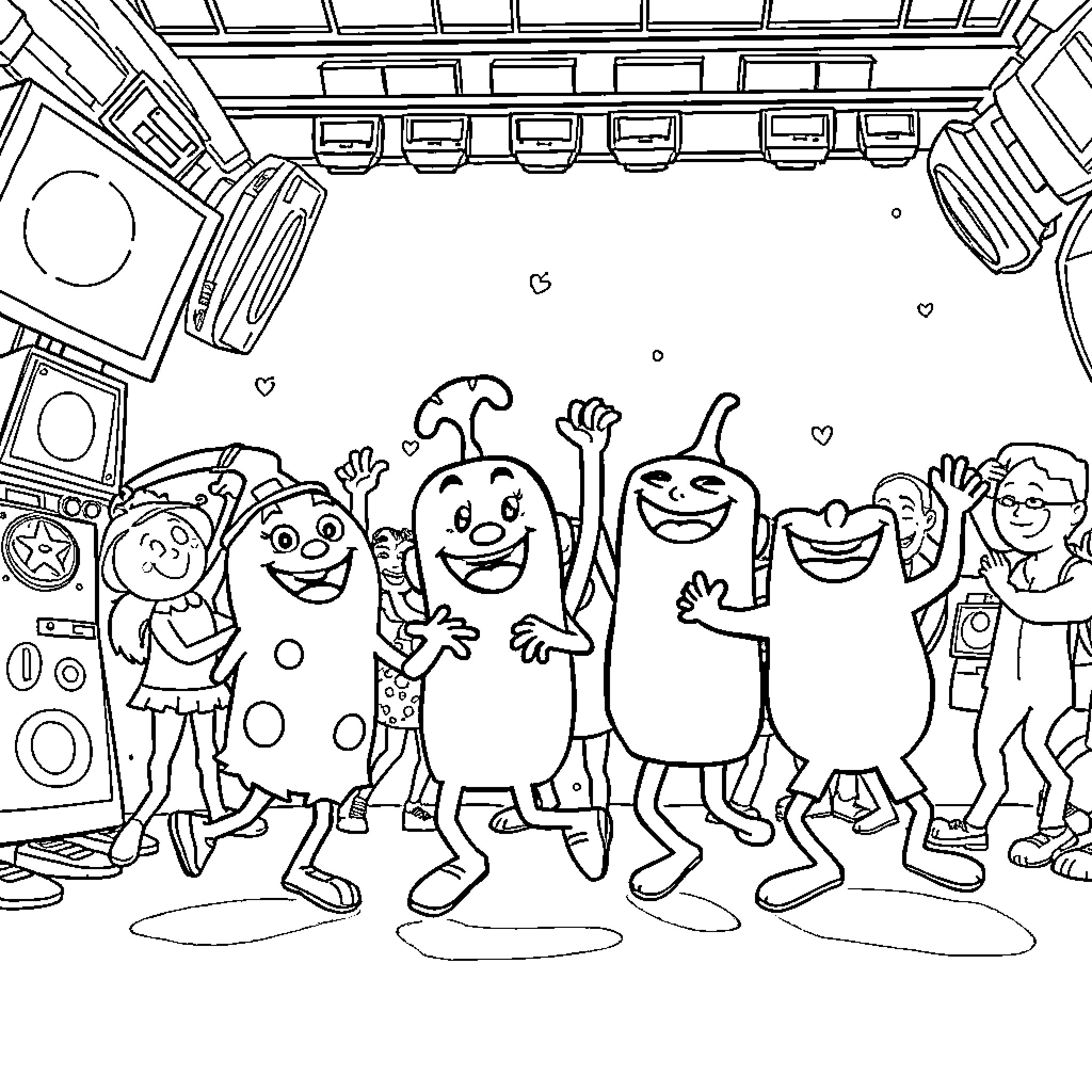 Yo Gabba Gabba characters dancing and celebrating Coloring Page (free black-and-white line drawing printable PDF for all, from beginners to advanced learners, including children, teens, adults, and seniors)