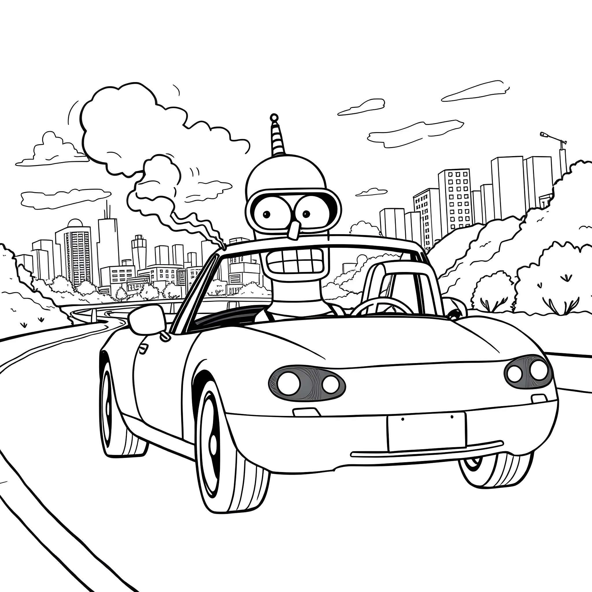 Bender cruising through the city in a sports car Coloring Page (free black-and-white line drawing printable PDF for all, from beginners to advanced learners, including children, teens, adults, and seniors)