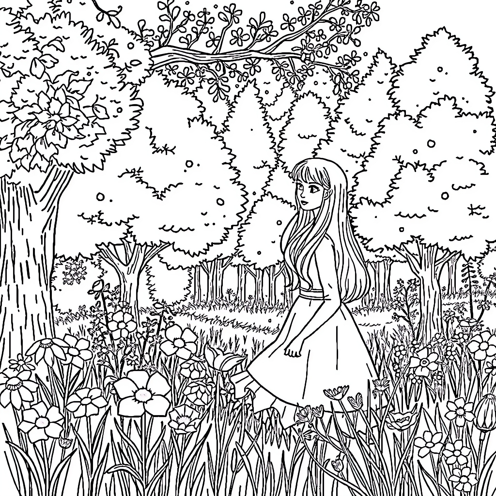 Anna exploring the enchanted floral garden Coloring Page (free black-and-white line drawing printable PDF for all, from beginners to advanced learners, including children, teens, adults, and seniors)