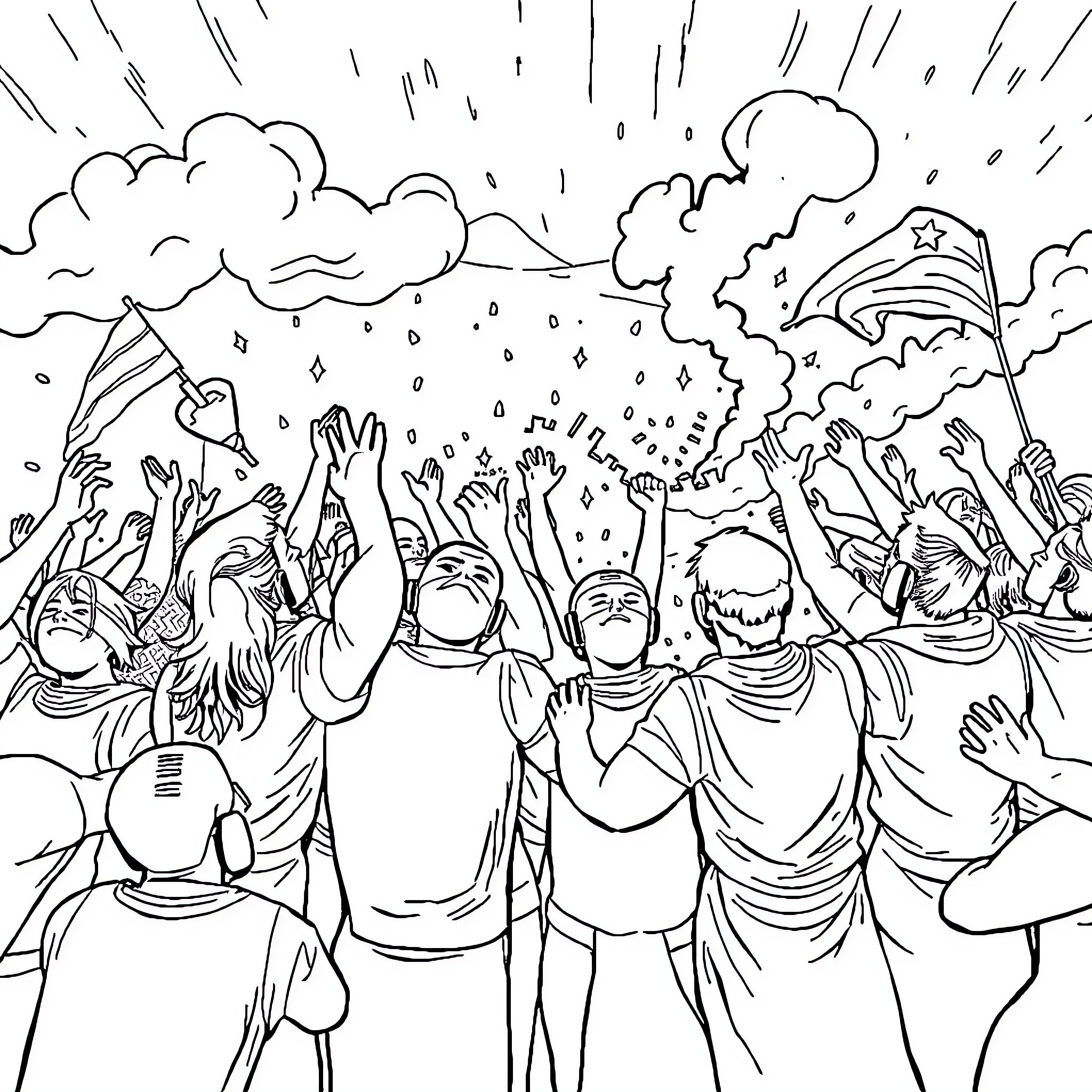 Victory Celebration of a Triumphant Moment Coloring Page (free black-and-white line drawing printable PDF for all, from beginners to advanced learners, including children, teens, adults, and seniors)
