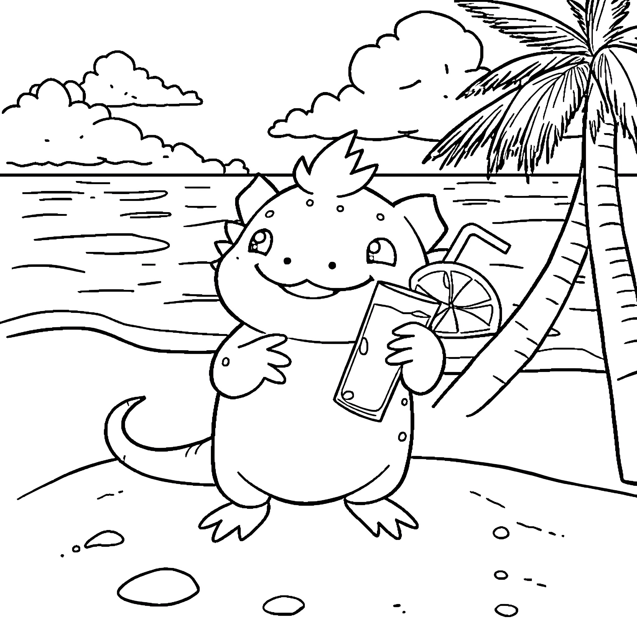 Axolotl enjoying a tropical beach vacation Coloring Page (free black-and-white line drawing printable PDF for all, from beginners to advanced learners, including children, teens, adults, and seniors)