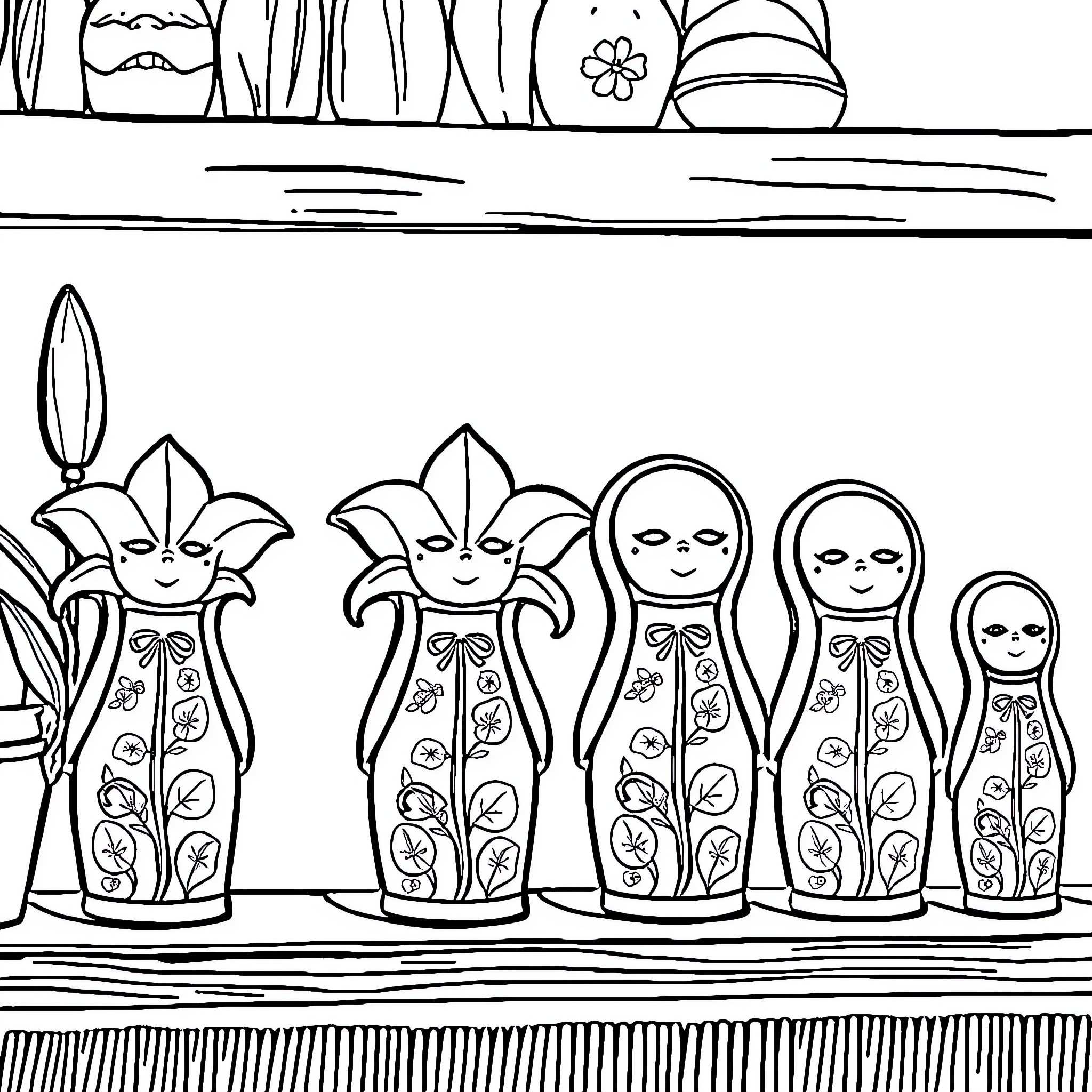 Lily Doll characters in decorative outfits Coloring Page (free black-and-white line drawing printable PDF for all, from beginners to advanced learners, including children, teens, adults, and seniors)