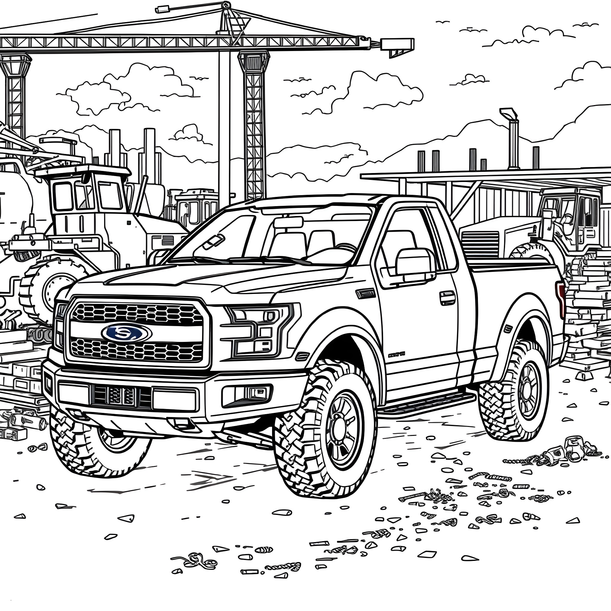 Dump Truck Transporting Heavy Equipment on Construction Site Coloring Page (free black-and-white line drawing printable PDF for all, from beginners to advanced learners, including children, teens, adults, and seniors)
