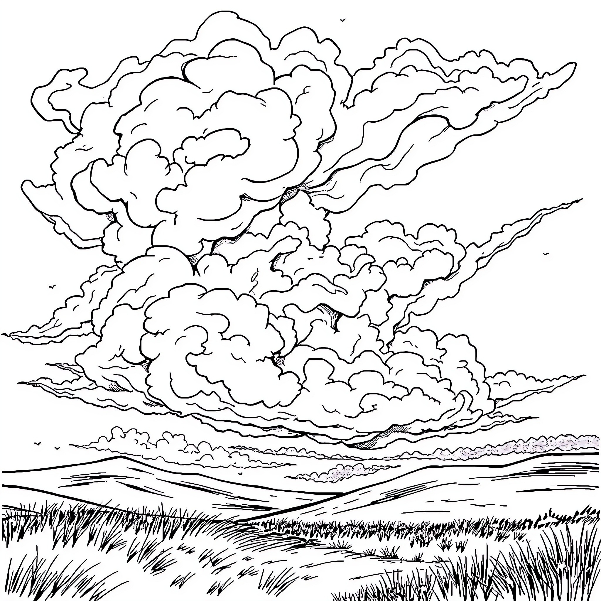 Moody clouds cast shadows over the vast meadow Coloring Page (free black-and-white line drawing printable PDF for all, from beginners to advanced learners, including children, teens, adults, and seniors)