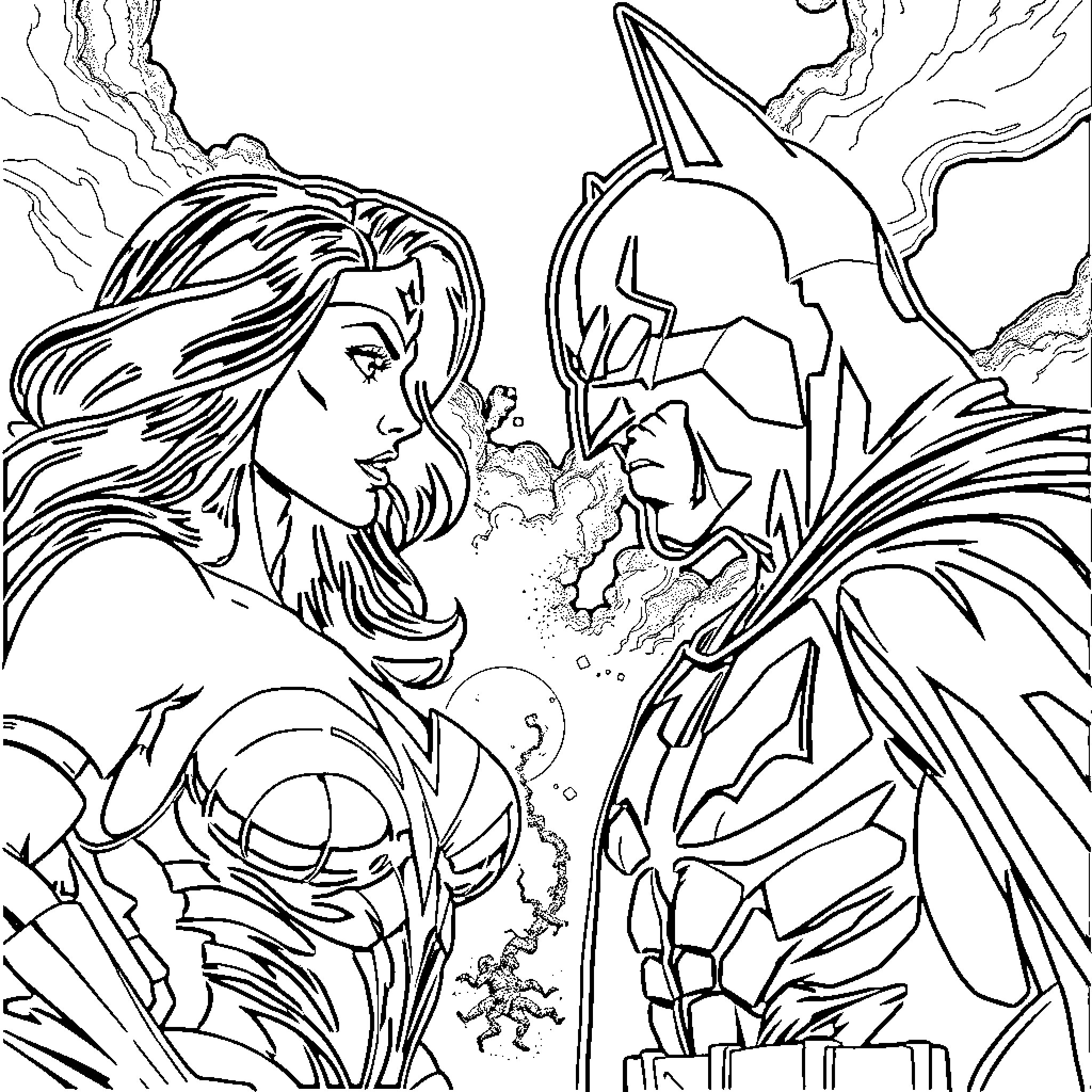 Wonder Woman and Batman facing each other intensely Coloring Page (free black-and-white line drawing printable PDF for all, from beginners to advanced learners, including children, teens, adults, and seniors)