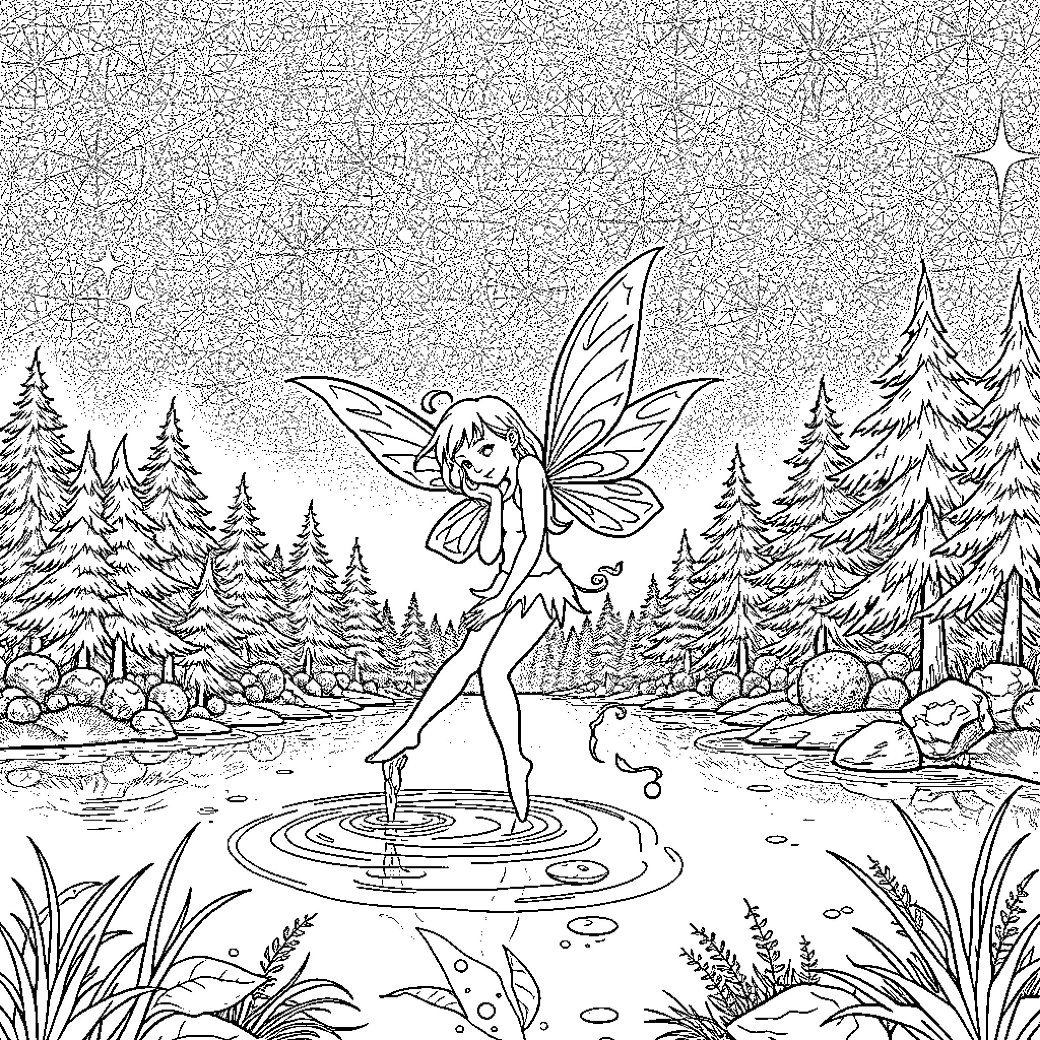 Pixie fairy dancing gracefully in enchanted forest Coloring Page (free black-and-white line drawing printable PDF for all, from beginners to advanced learners, including children, teens, adults, and seniors)