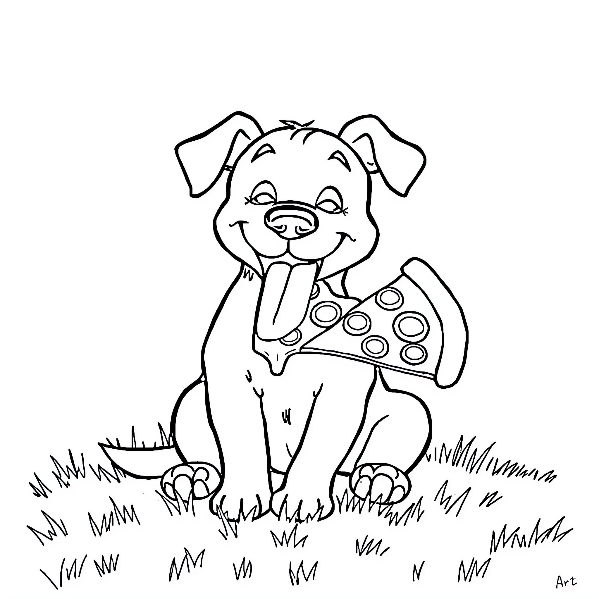 Dog playing with a video game controller in the grass Coloring Page (free black-and-white line drawing printable PDF for all, from beginners to advanced learners, including children, teens, adults, and seniors)