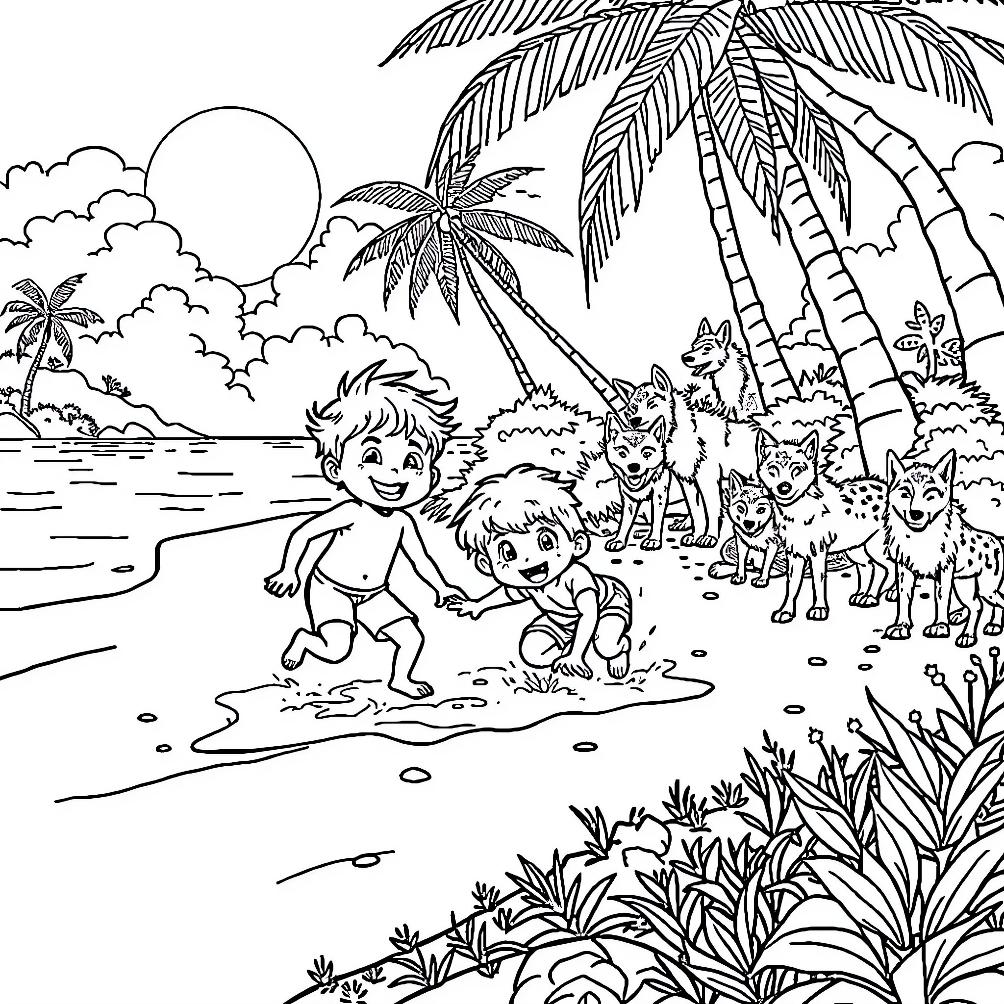 Kid enjoying a tropical beach day with animal friends Coloring Page (free black-and-white line drawing printable PDF for all, from beginners to advanced learners, including children, teens, adults, and seniors)